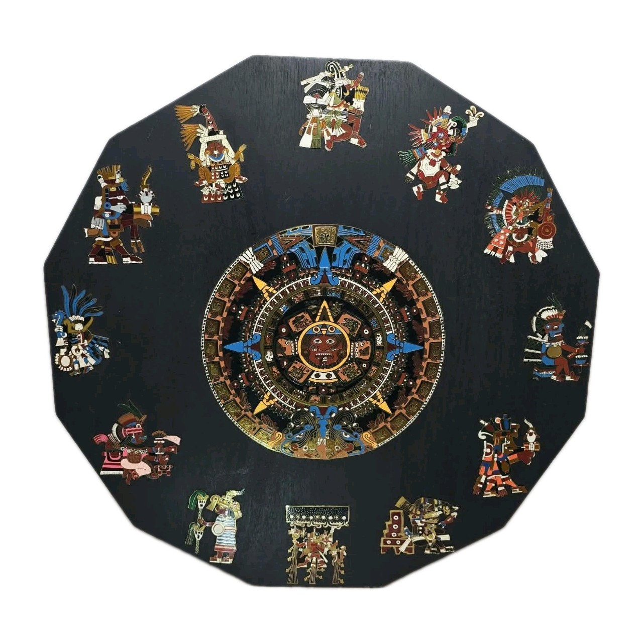 Vintage Mexico Aztec Sun Stone Calendar Wall Plaque Enamel Art 18\
