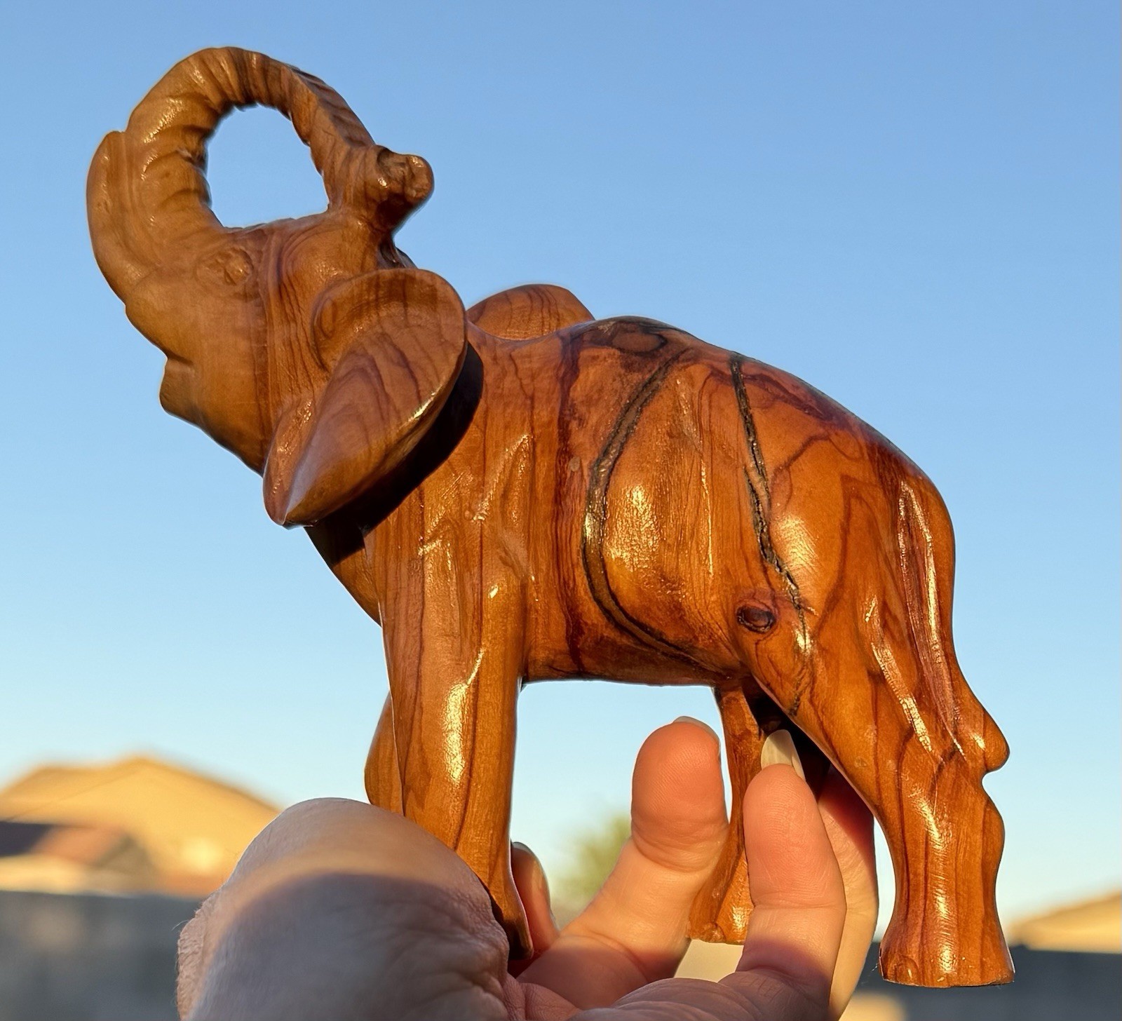 Vintage Hand Carved Olive-Wood Elephant Figurine Trunk Up Good Luck 5”