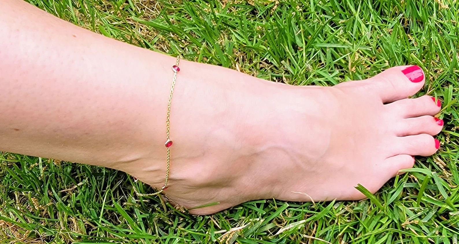 18K Yellow Gold Over Red Round Cut Ruby Anklet- July Birthstone Lobster Claw 10\