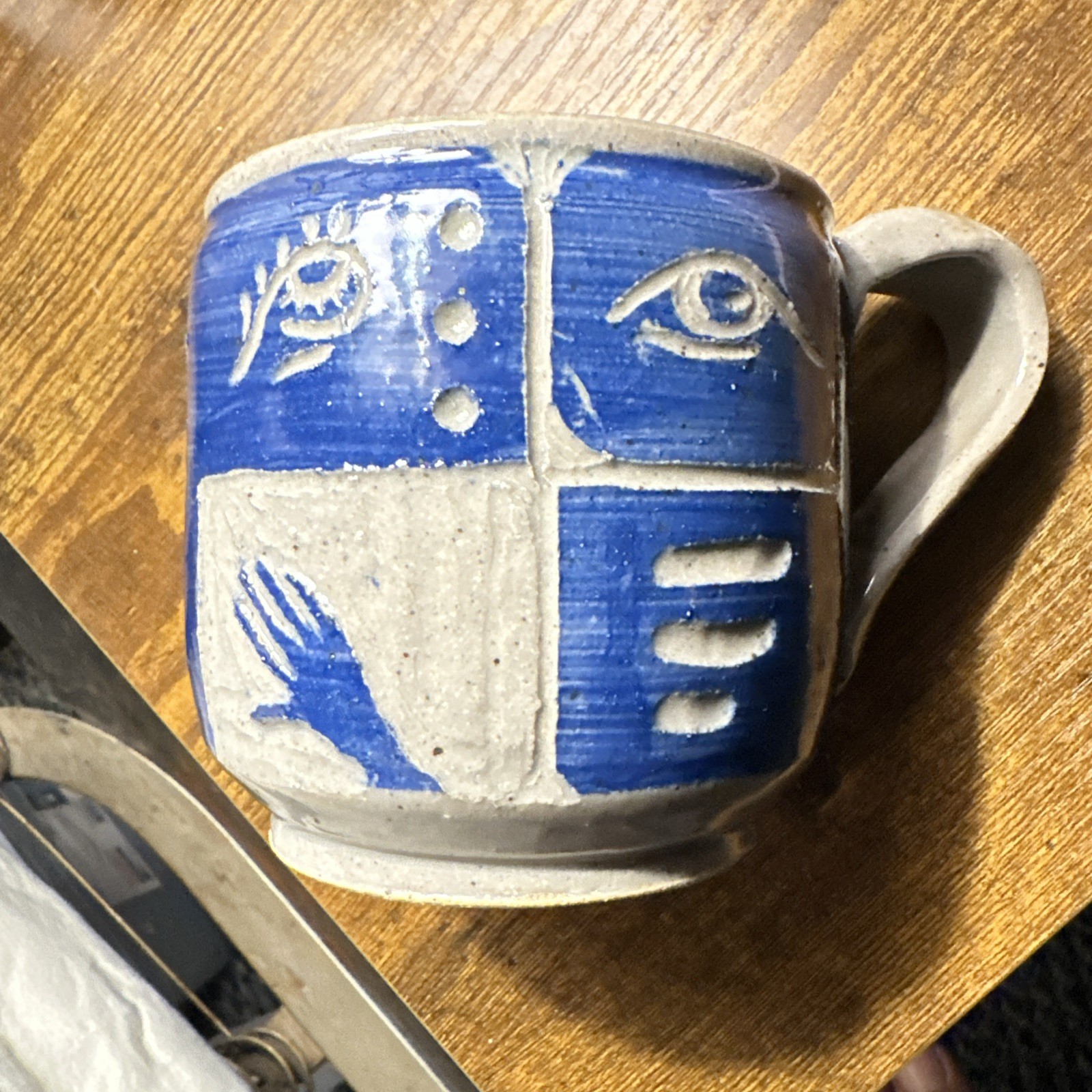 Vintage Studio Pottery Mug Hand Carved Abstract Face Eye Hand Blue White Ceramic