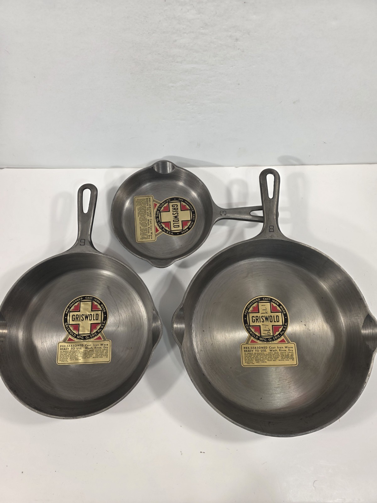 New Griswold Cast Iron #3, 6, 8, Very Rare NOS Stickered Set of 3