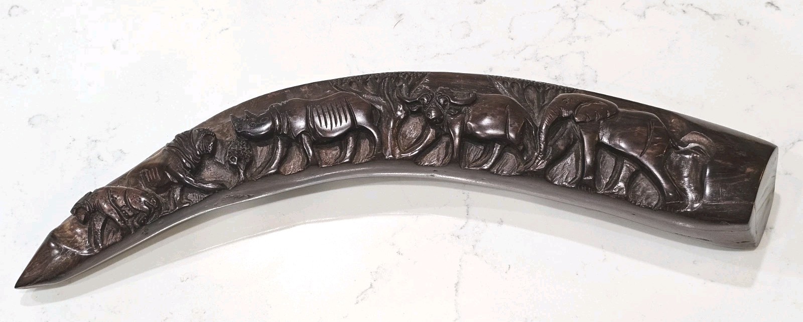 Vtg Hand Carved Wooden Tusk Featuring A Wild Life Procession Elephant  Bridge 
