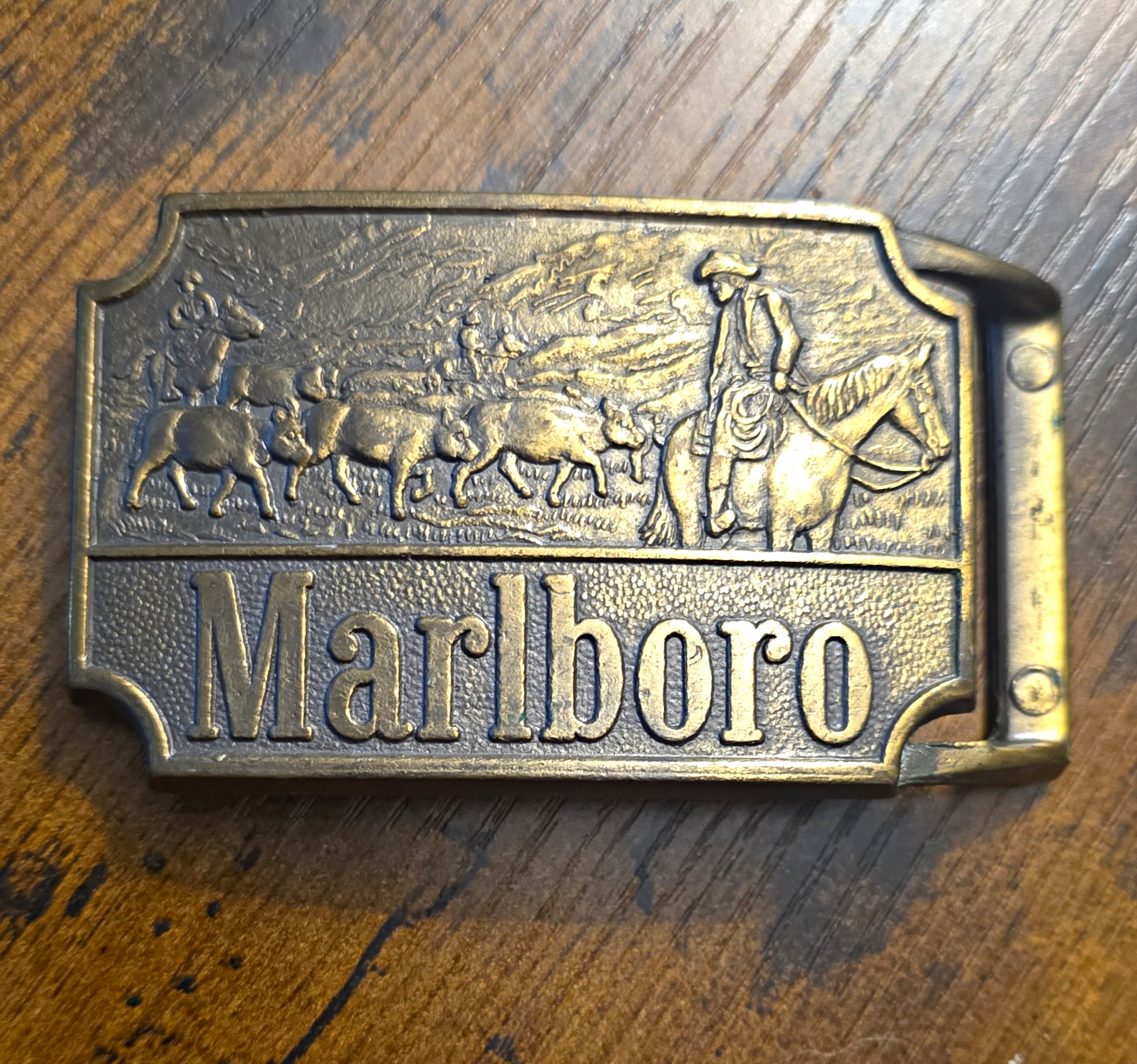 Vintage 1970s Brass Marlboro Cowboy Cattle Drive Belt Buckle