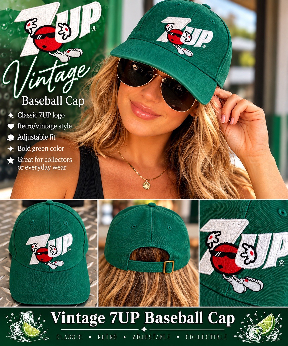 7 Up Vintage Green Baseball Cap Adjustable Classic Soda Logo Hat