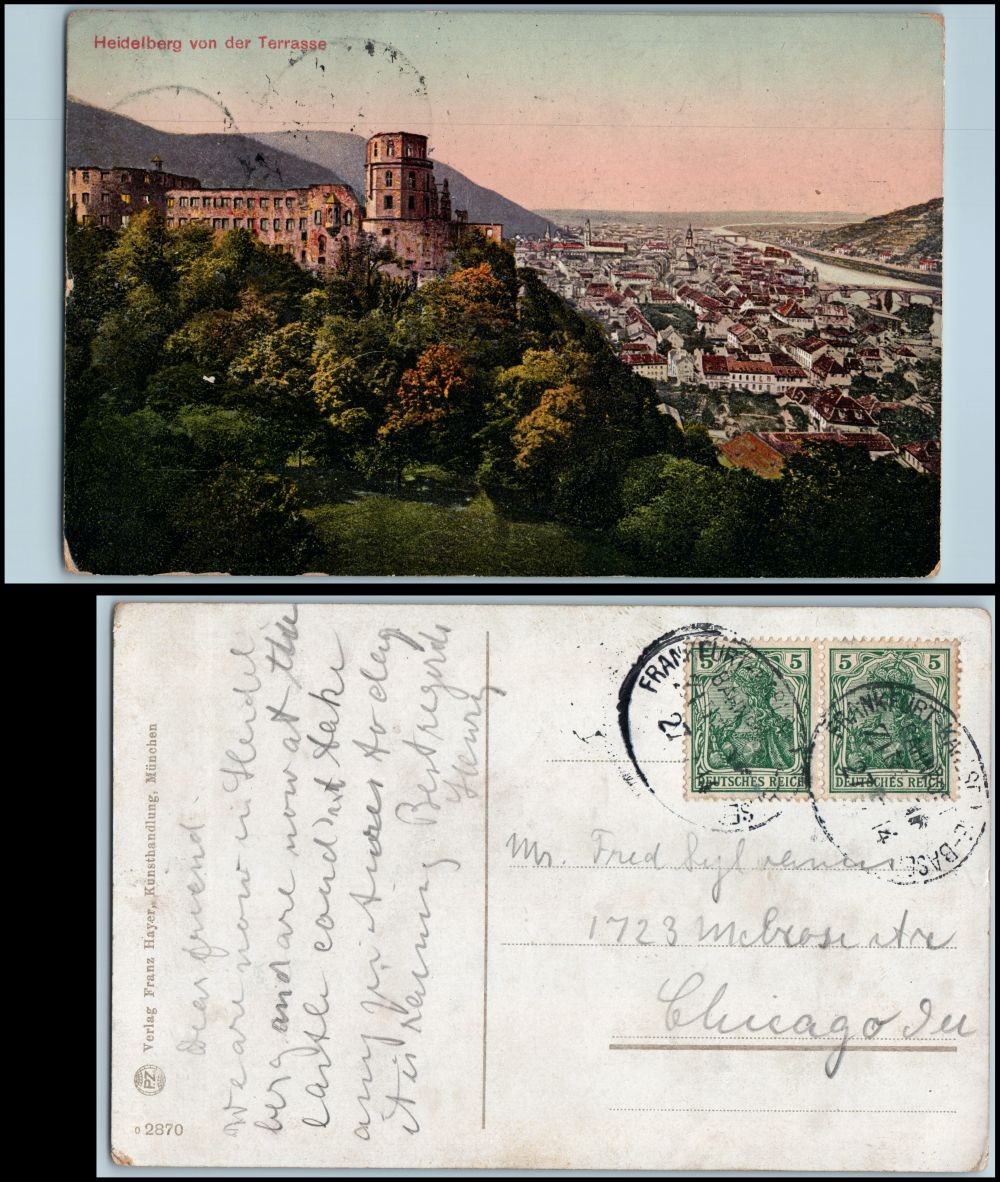 1914 Heidelberg Castle Terrace Germany postcard Frankfurt cancel Germania stamps