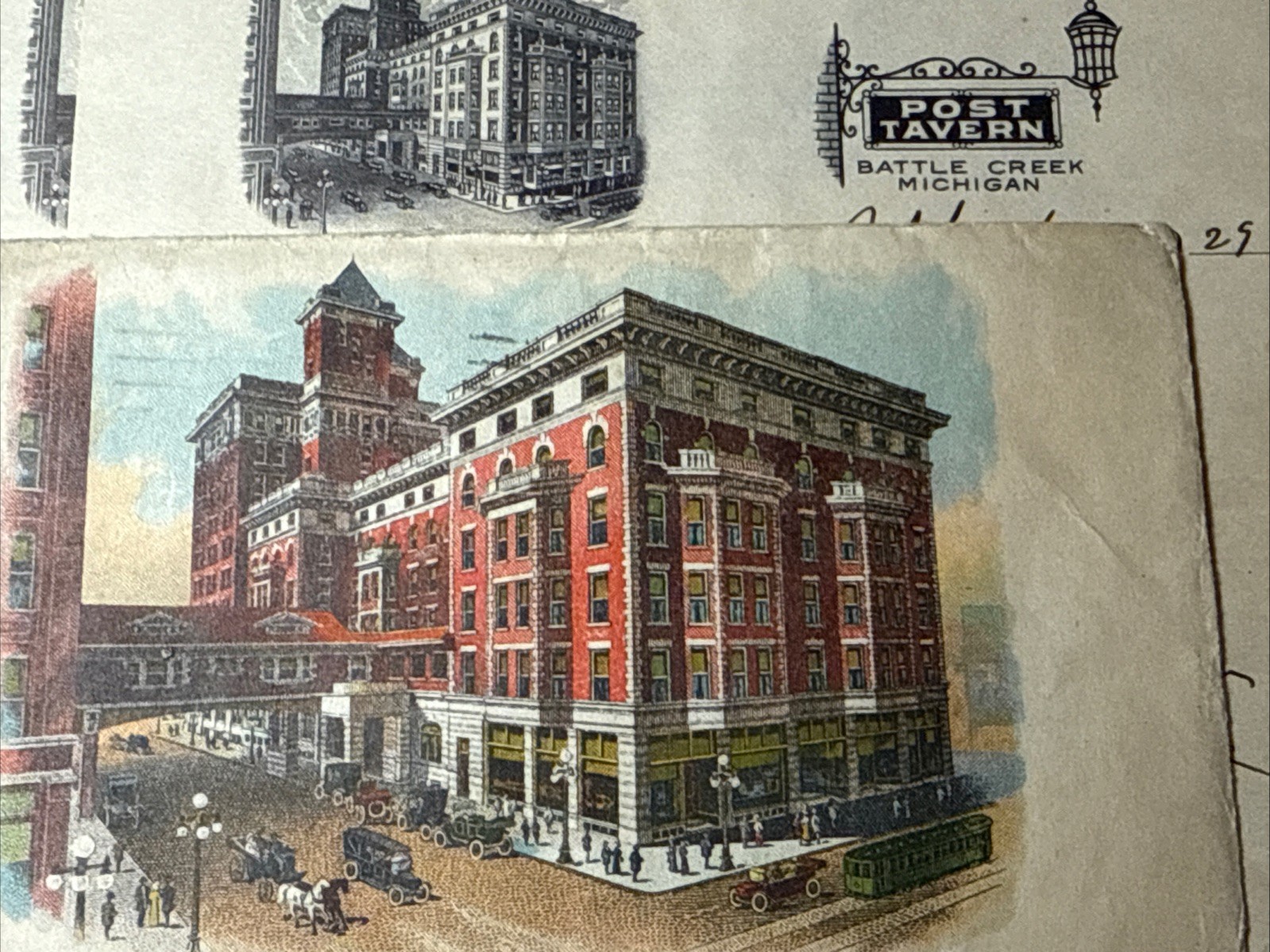 1929 POST TAVERN Hotel Battle Creek MI 3 Letters w Color Envelope HALLOWELL ME
