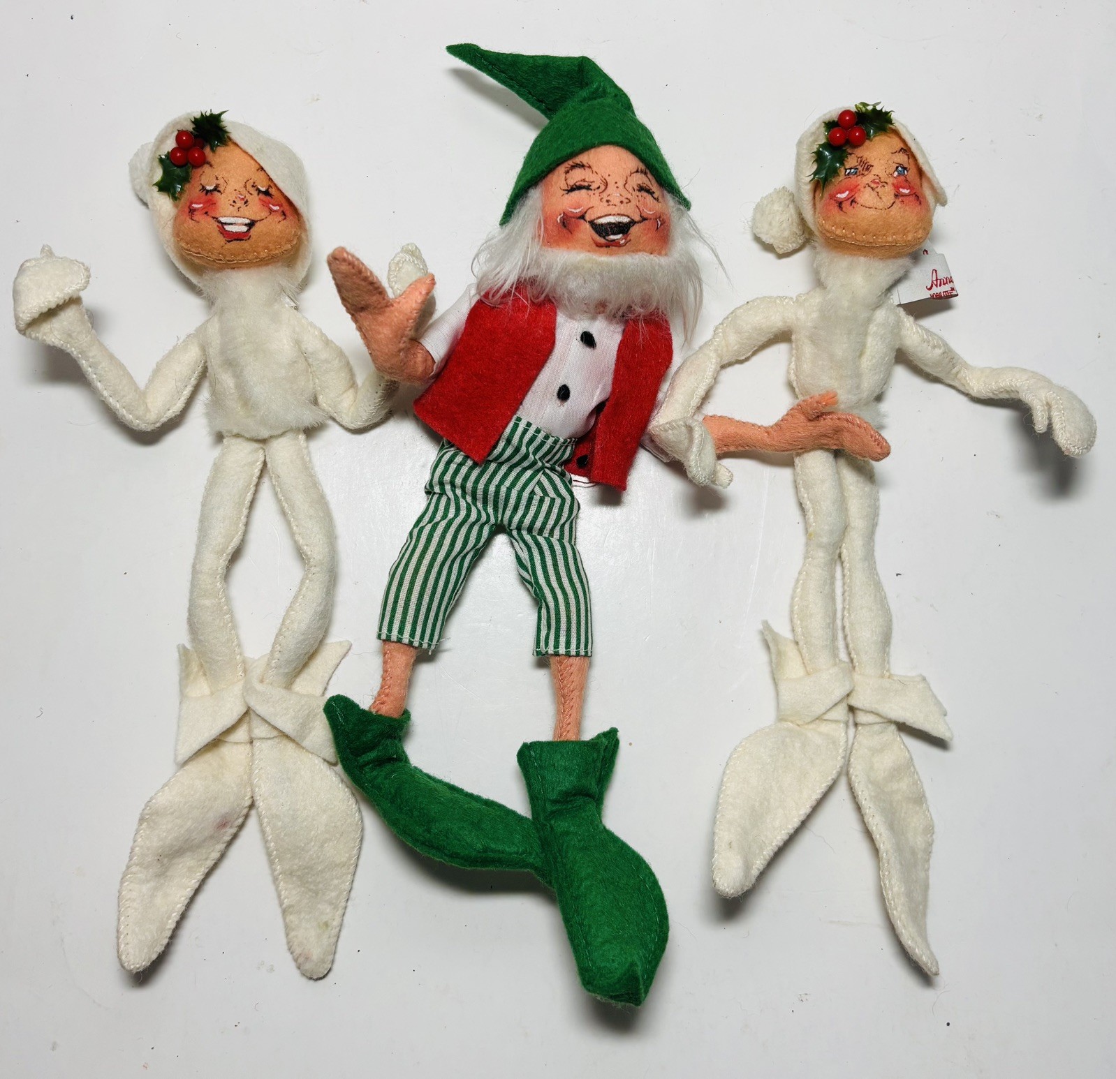 Lot of 3 Annalee Elf Figures- 91\' Tinsel Elf & 2 Mobilitee White-Holly Elf Elves