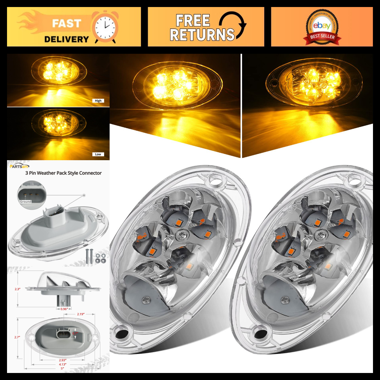 Partsam 2Pcs For Freightliner Cascadia Amber LED Side Marker Turn Signal Lights
