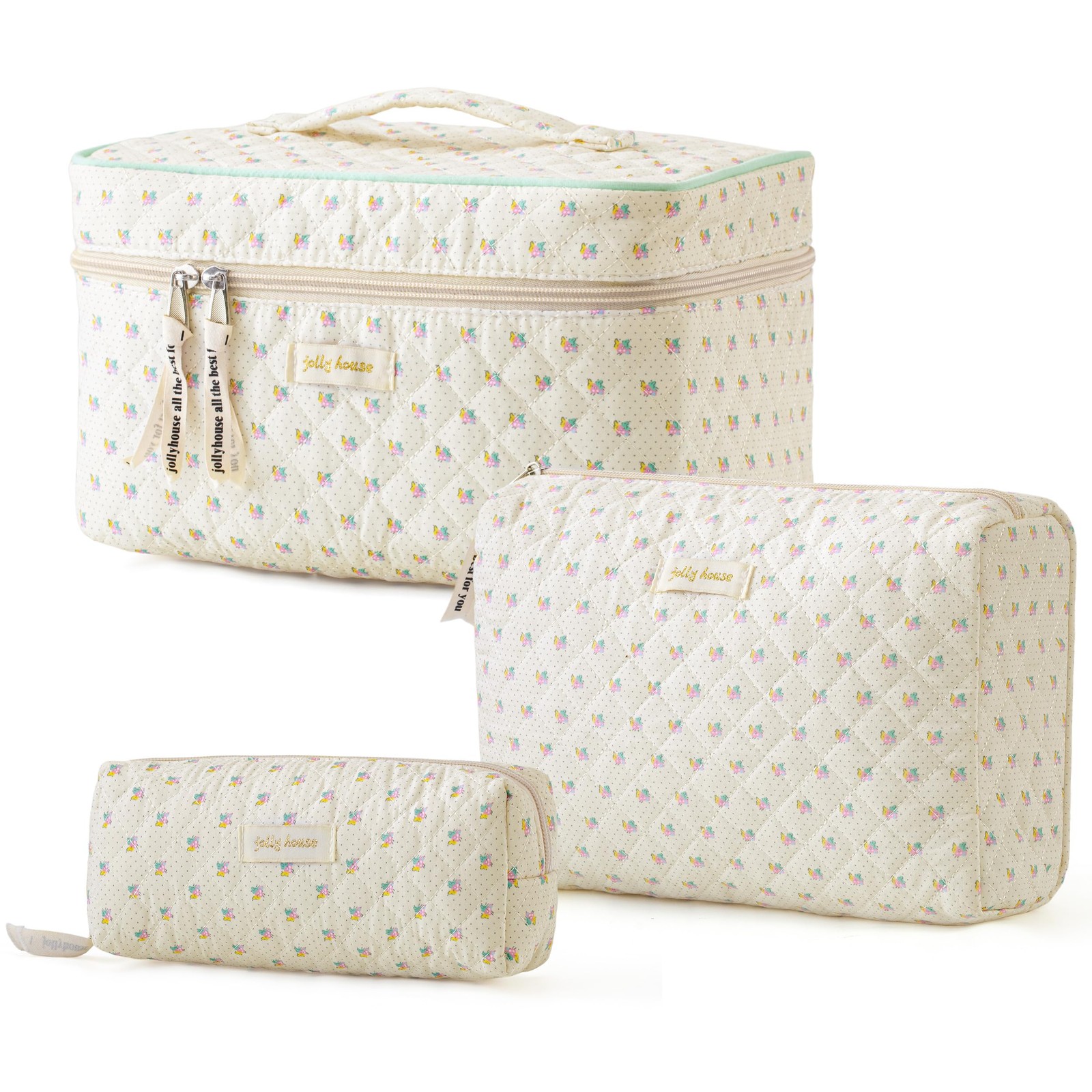 HBselect Quilted Makeup Bag, 3PCS Cotton Large Travel Makeup Bag, Cute Floral Co