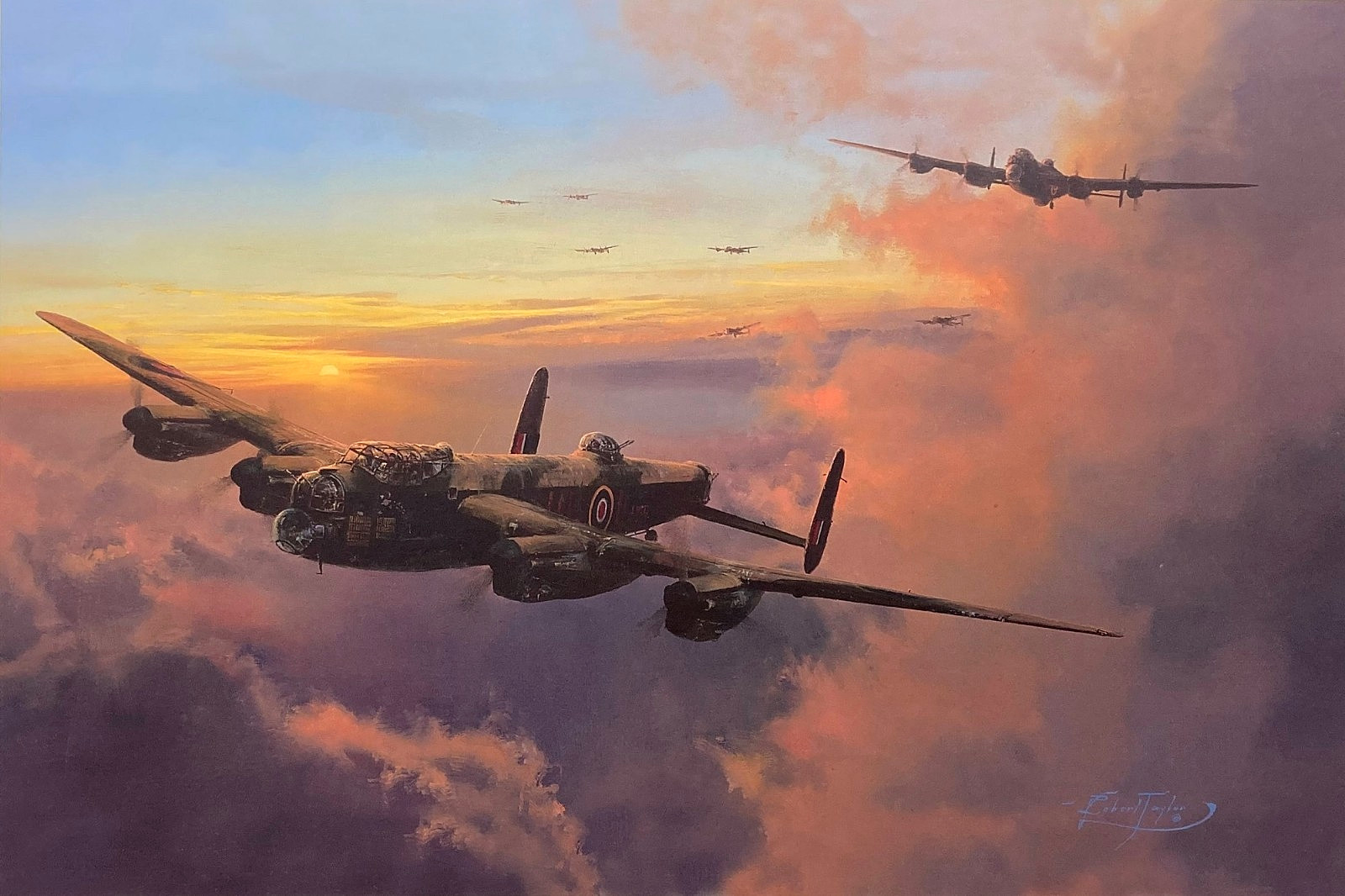 Towards Night\'s Darkness by Robert Taylor art print signed by 6 RABomber Aircrew