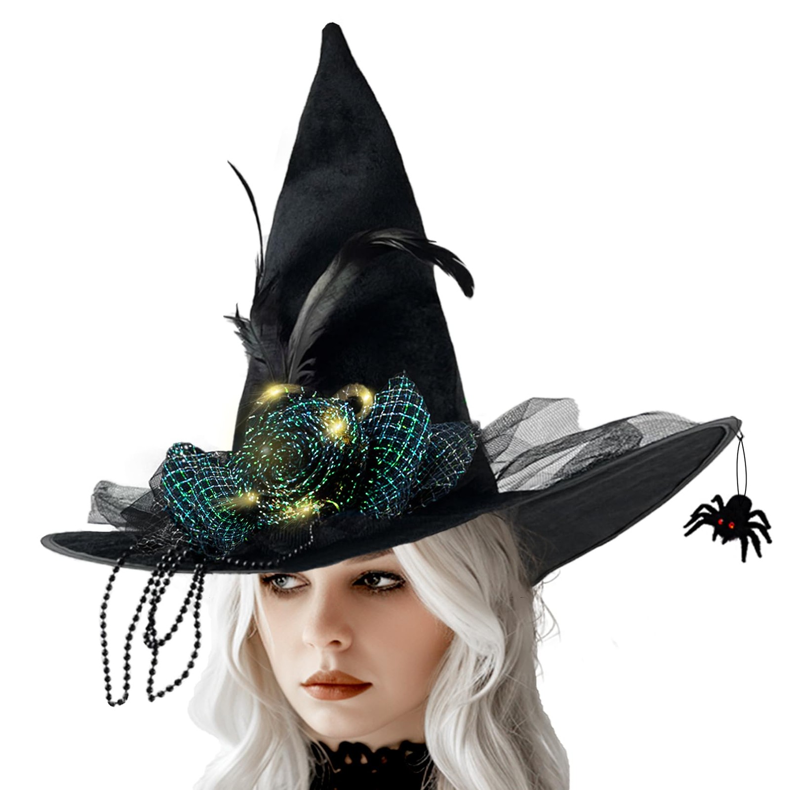 Black Witch Hat Light up Velvet Witch Hat with Spider for Women Halloween