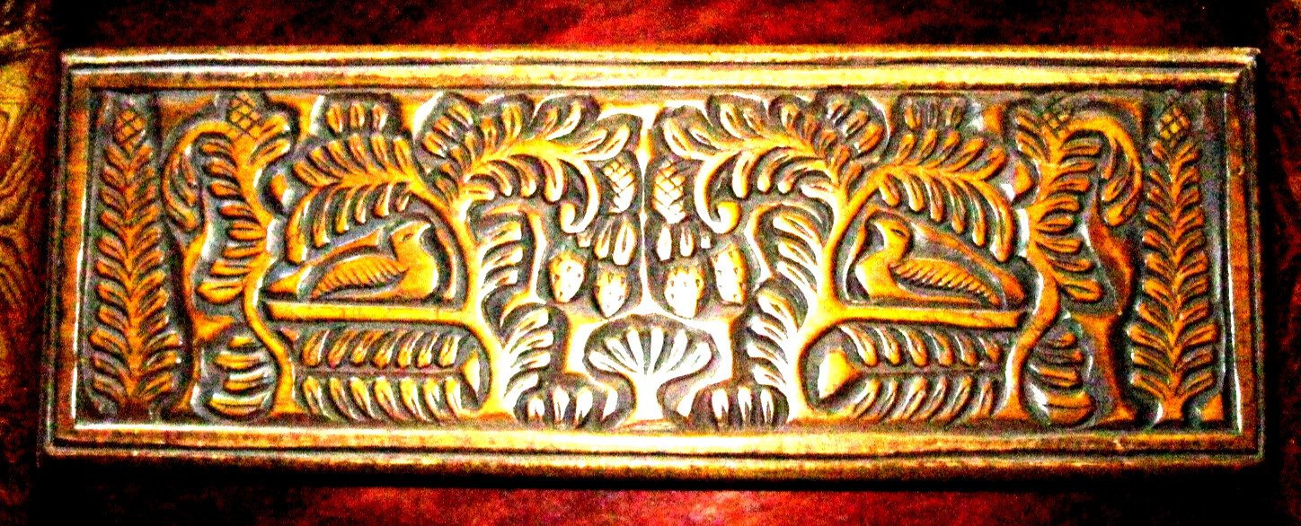 Antique Folk Art Carved Wood Gove Box Birds & Trees in Relief  Alpine or Nordic