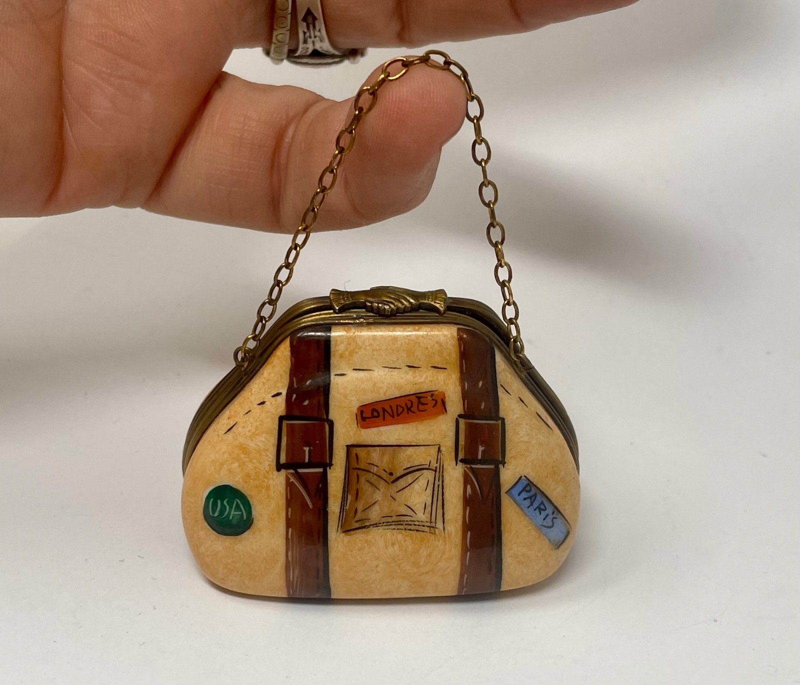 Limoges France Peint Main Porcelain Hinged Trinket Box Bag Luggage Paris