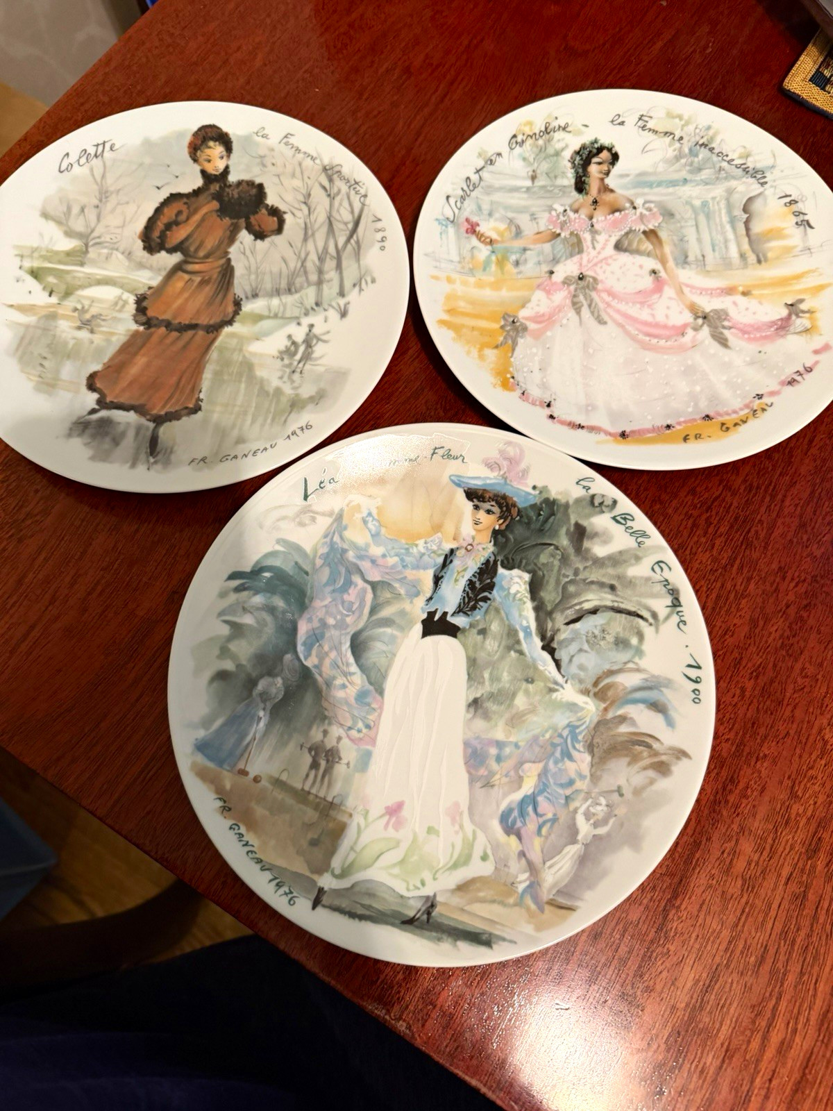 Vintage French BEAUTIFUL Ladies collector plates. Set of 3 Victorian era.