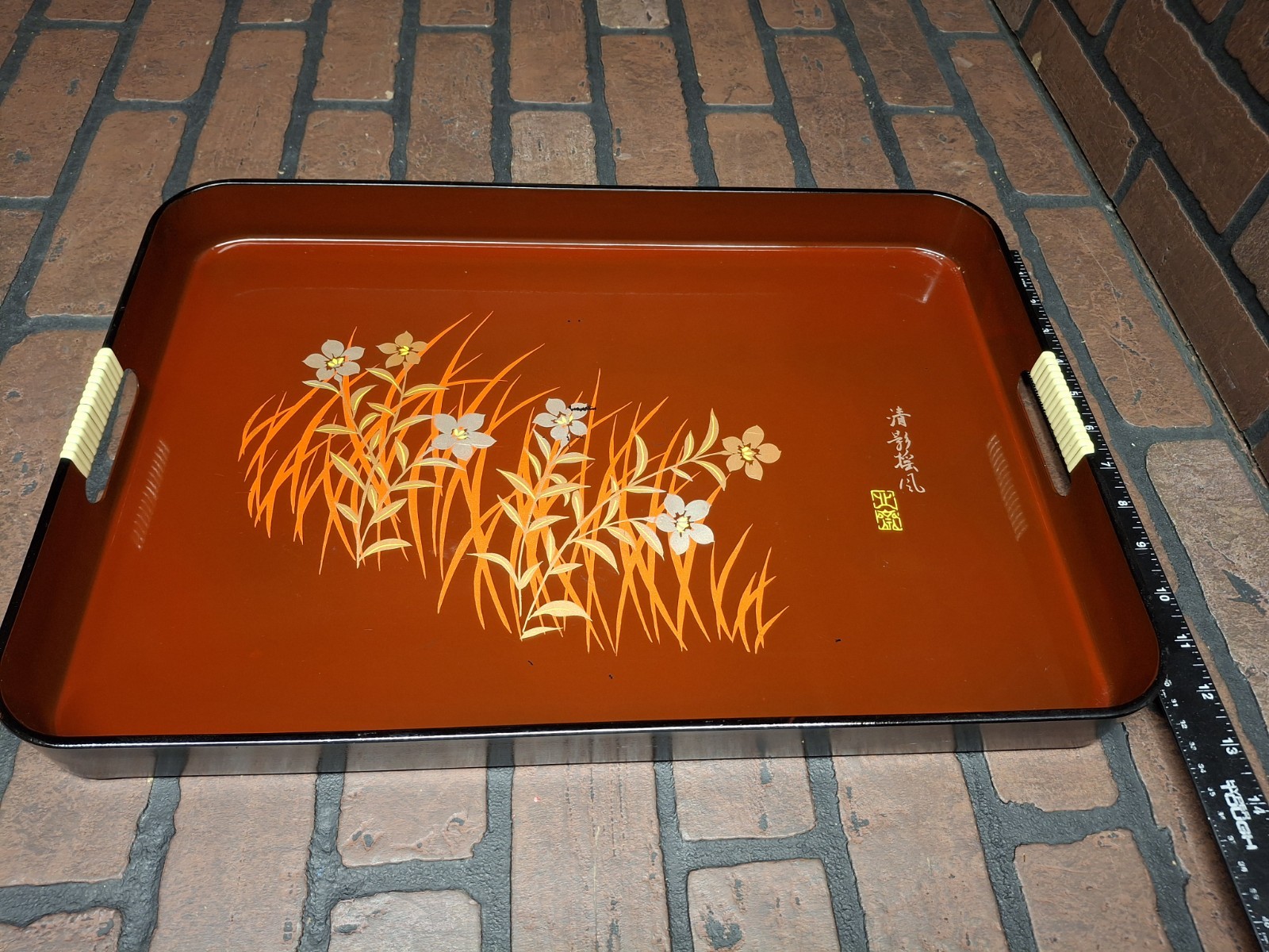 Vintage Japanese Wajima Laquer Ware serving tray red gold floral