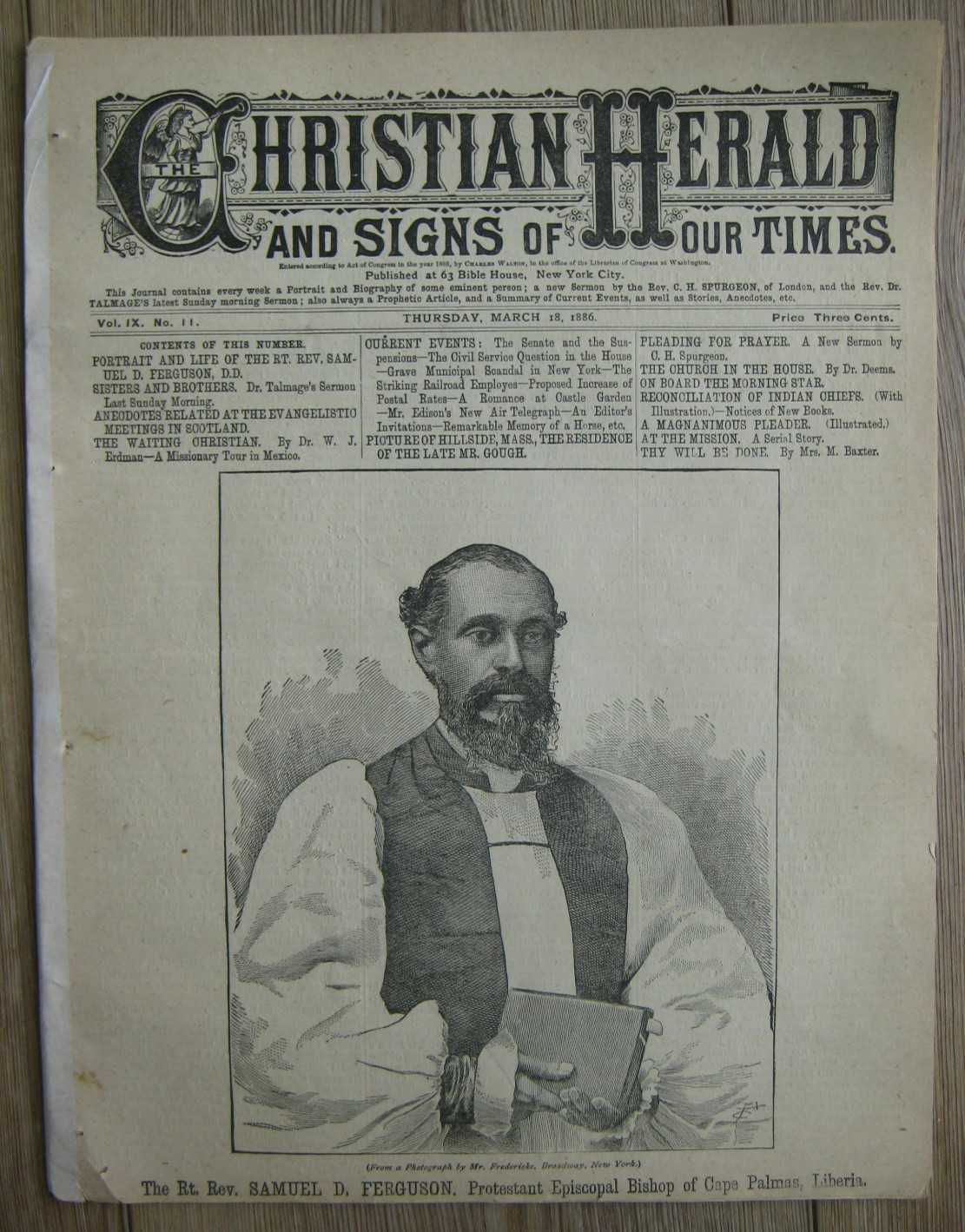1886 Christian Herald News, African American Episcopal Bishop Samuel D. Ferguson