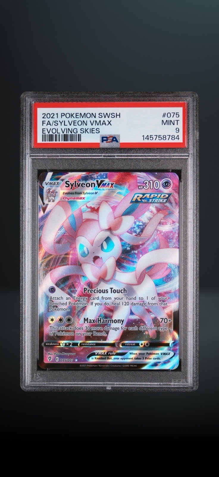 Pokémon 2021 Evolving Skies Sylveon VMAX Full Art 075/203 PSA 9 Cert