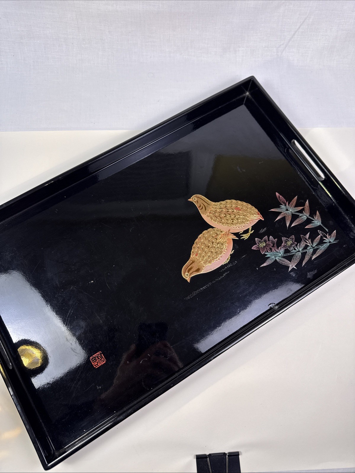 1980s Japanese Satsuma Black Lacquer Serving Tray. 12” X 19” With Handles