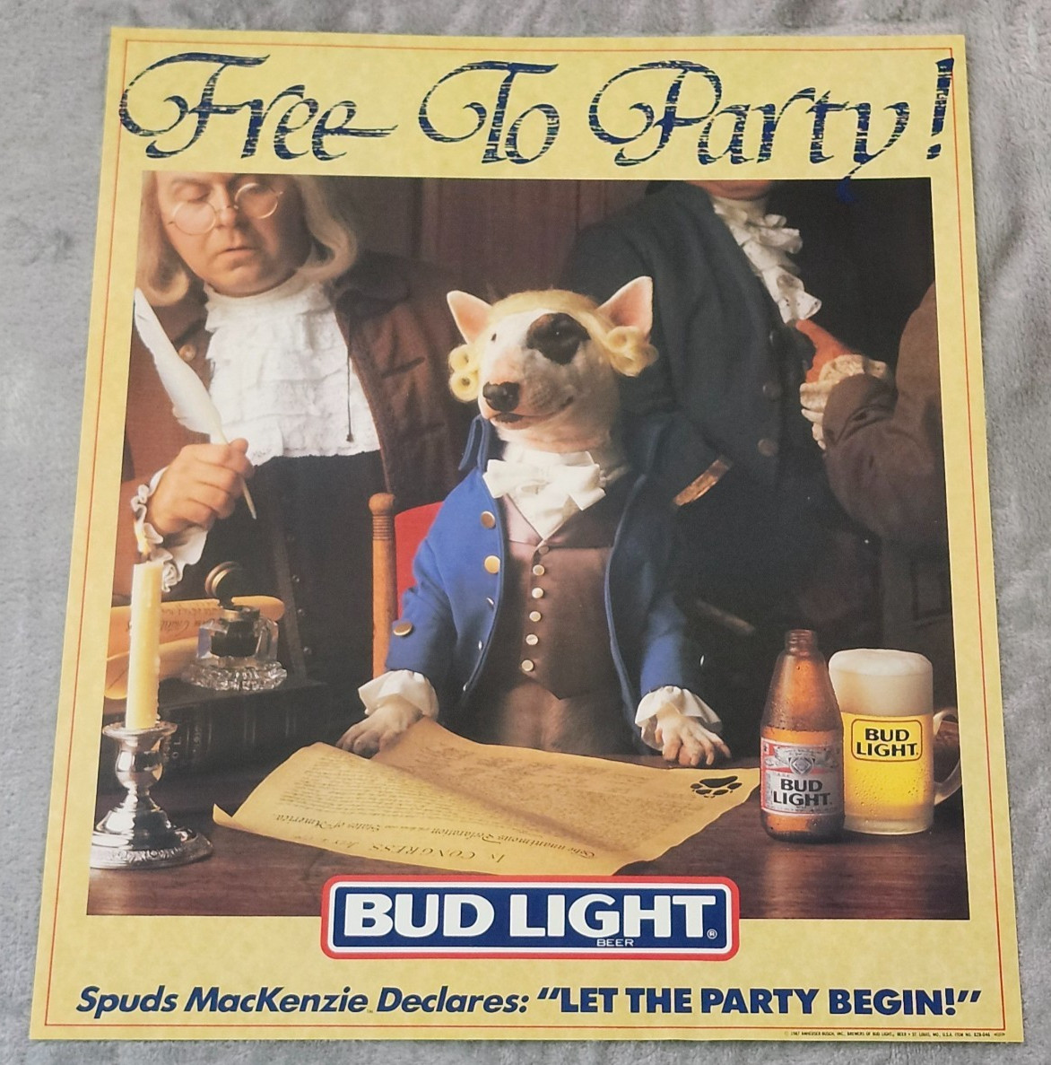 Vintage 1987 Bud Light Beer Spuds MacKenzie Free To Party American Rev Poster