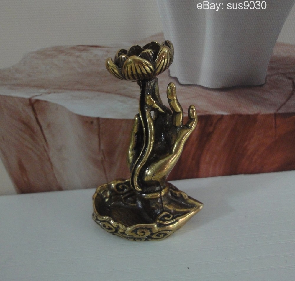Vintage Solid Brass Hand Holding Lotus Flower Statue Incense Stick Holder