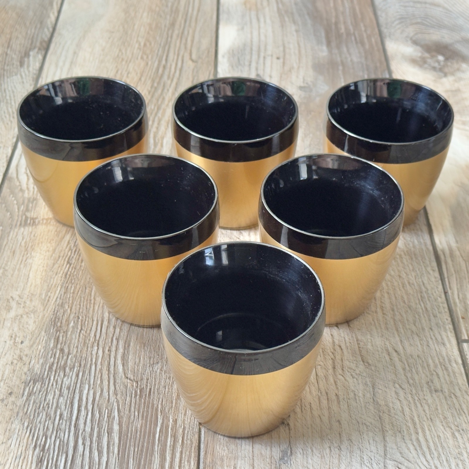 6 Vintage MCM NFC West Bend Thermo-Serve Style Gold & Black Insulated Cups USA