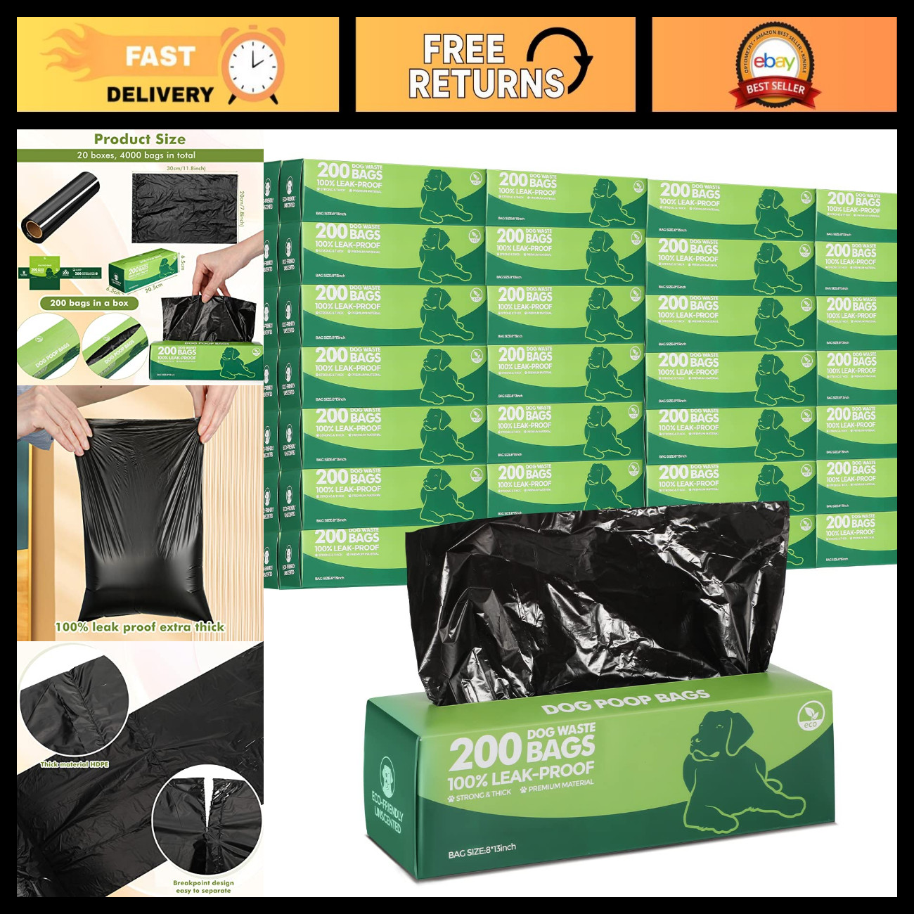 20 Rolls 4000 Ct Dog Poop Bags Leak Proof,Black,12 X 8 Inches