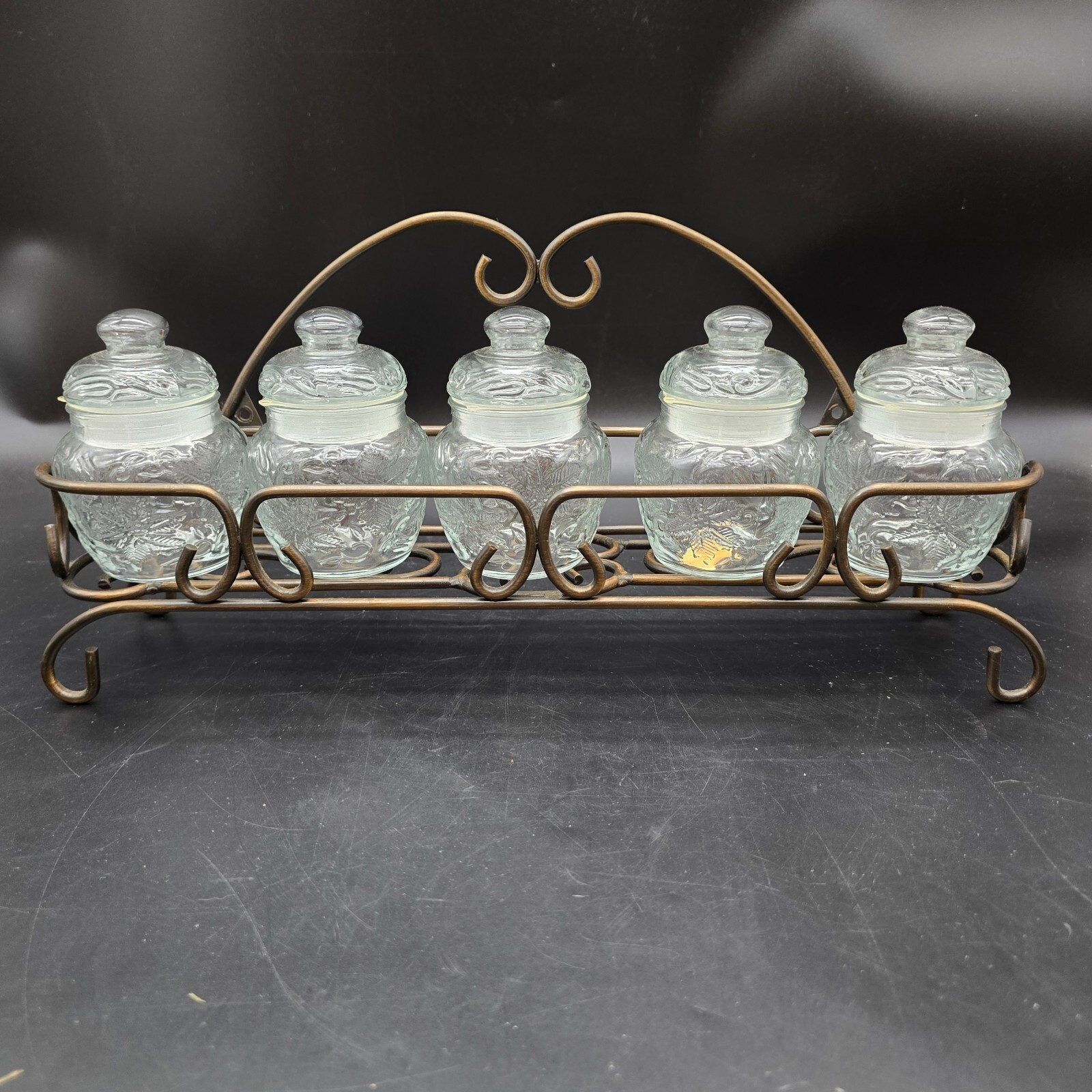 Vintage Princess House Fantasia Glass Spice Jar Set with Metal Scroll Rack