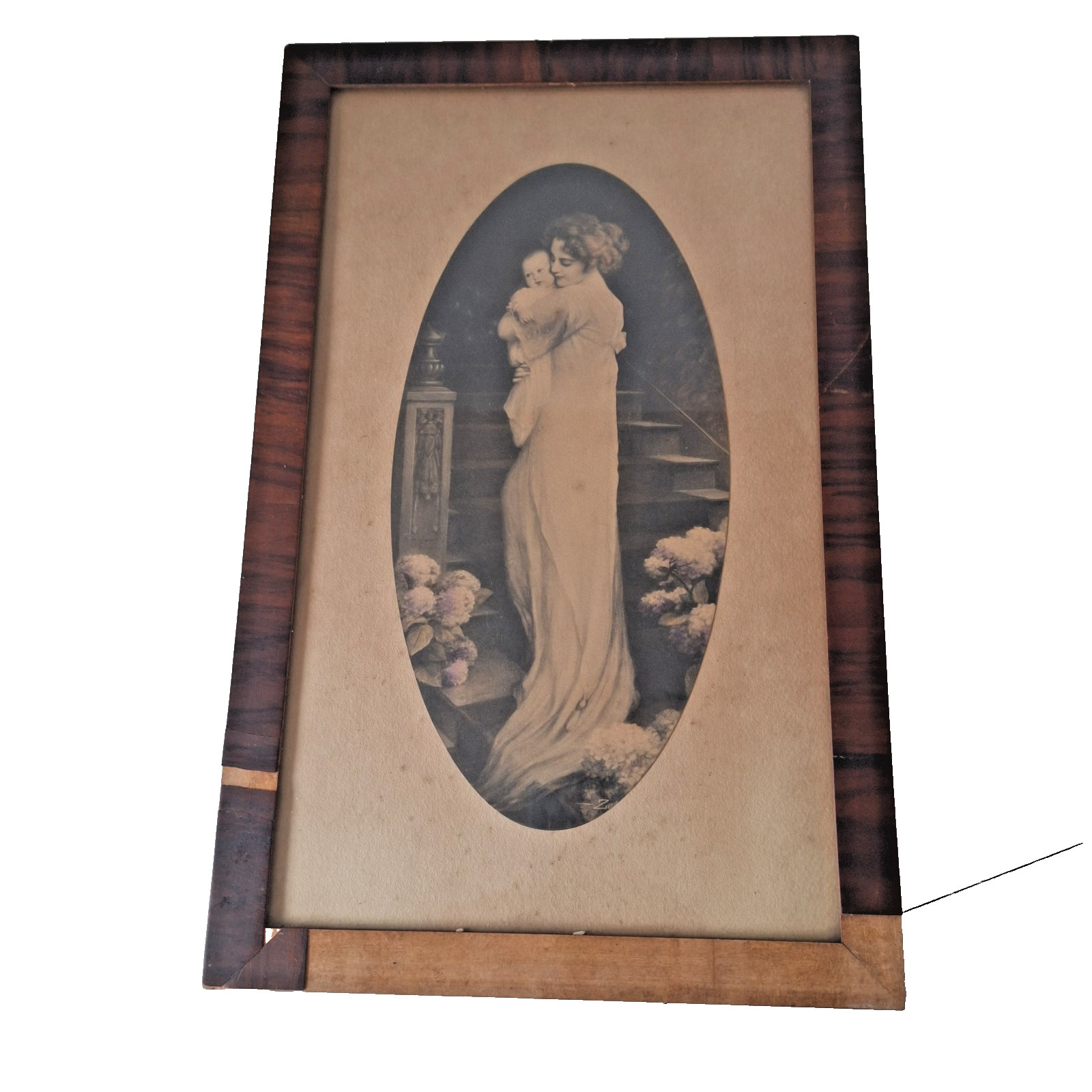 Vintage 1920s-30s Mother Baby Portrait Print Art Deco Wood Frame 18x11