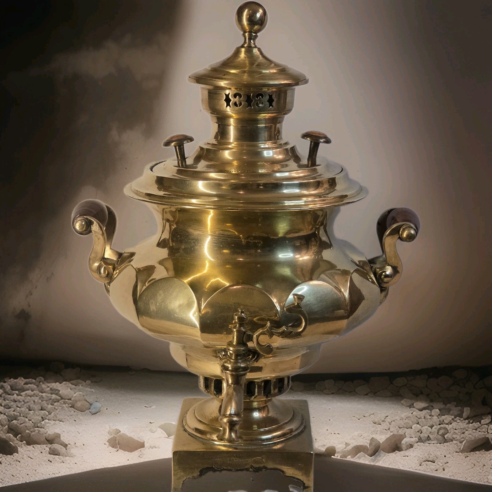 Antique Russian Samovar Tula Three Batashev Brothers Lobed Melon Brass Tea Urn 