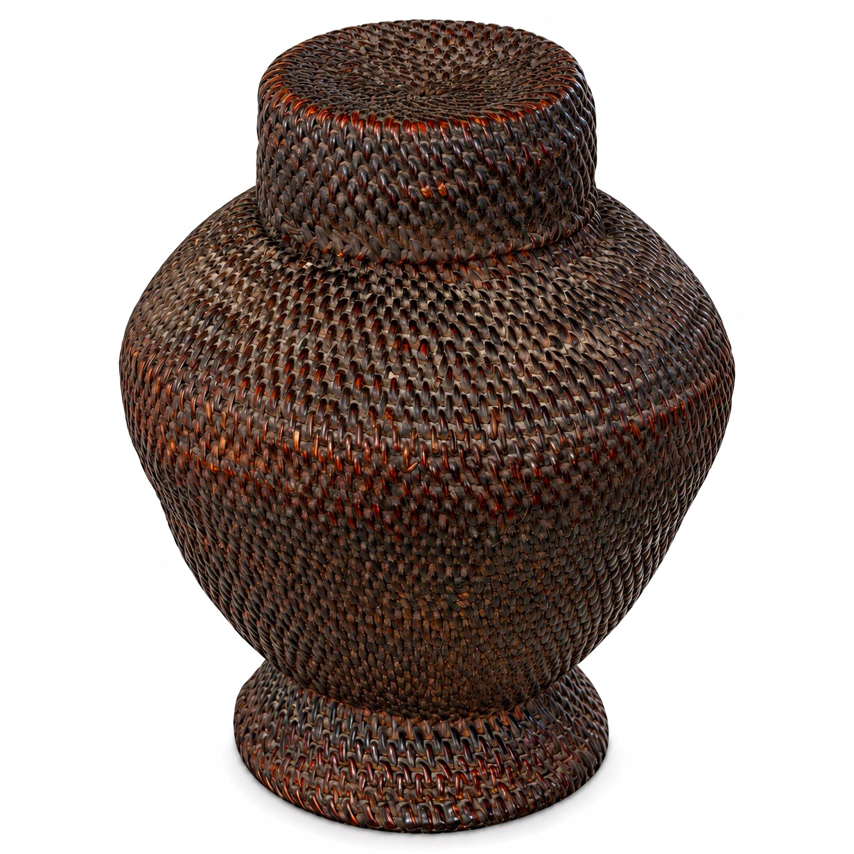 Round Brown Wicker Storage Basket With Lid, Woven Basket Weave, Jar Shape