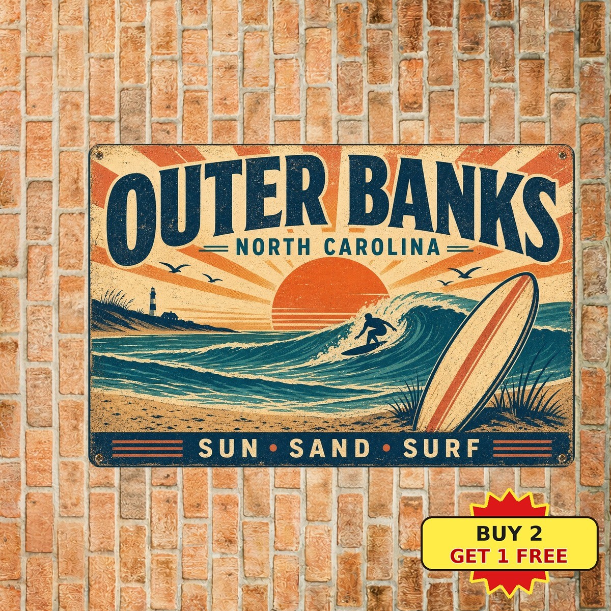 Outer Banks North Carolina Surf Sun Sand Beach Resort Metal Tin Sign Decor Art