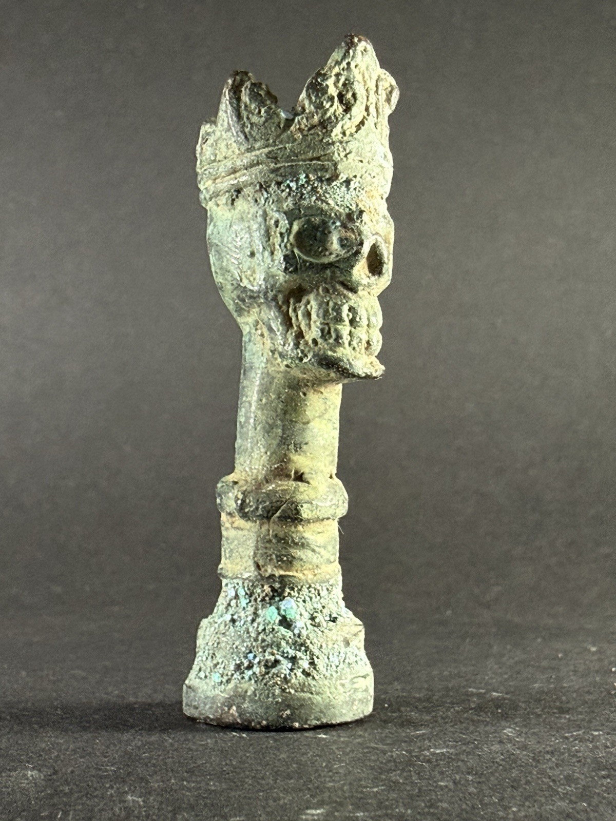 RARE ANCIENT LUR1STAN BRONZE CROWNED SKULL DEVIL GOTHIC STATUE - CIRCA 1000 BCE