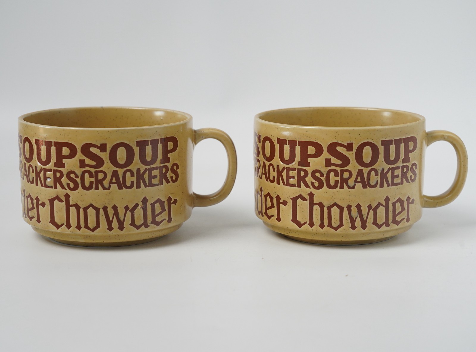 Vintage 1970s Soup Crackers Chowder Mugs Set of 2 Speckled Tan Stoneware