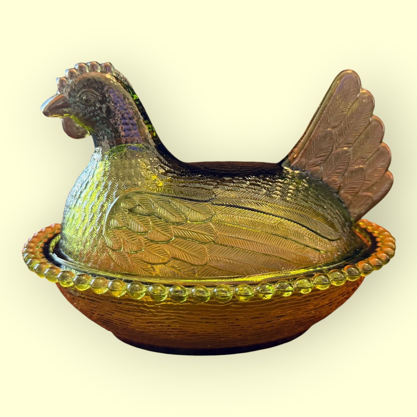 Indiana Glass Avocado Large Green Hen On Nest Vintage MCM Cottagecore