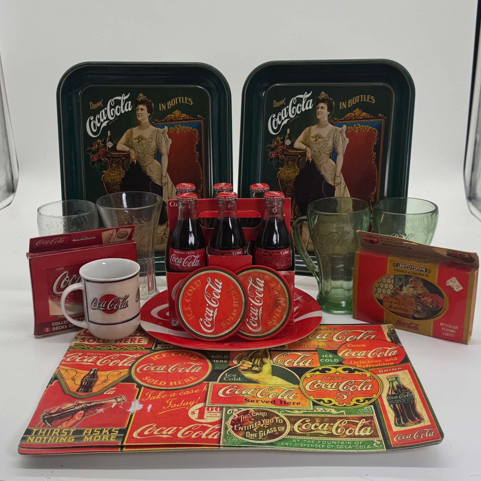 Vintage Coca-Cola Collector Lot Trays Glass Bottles Playing Cards Mug Placemats