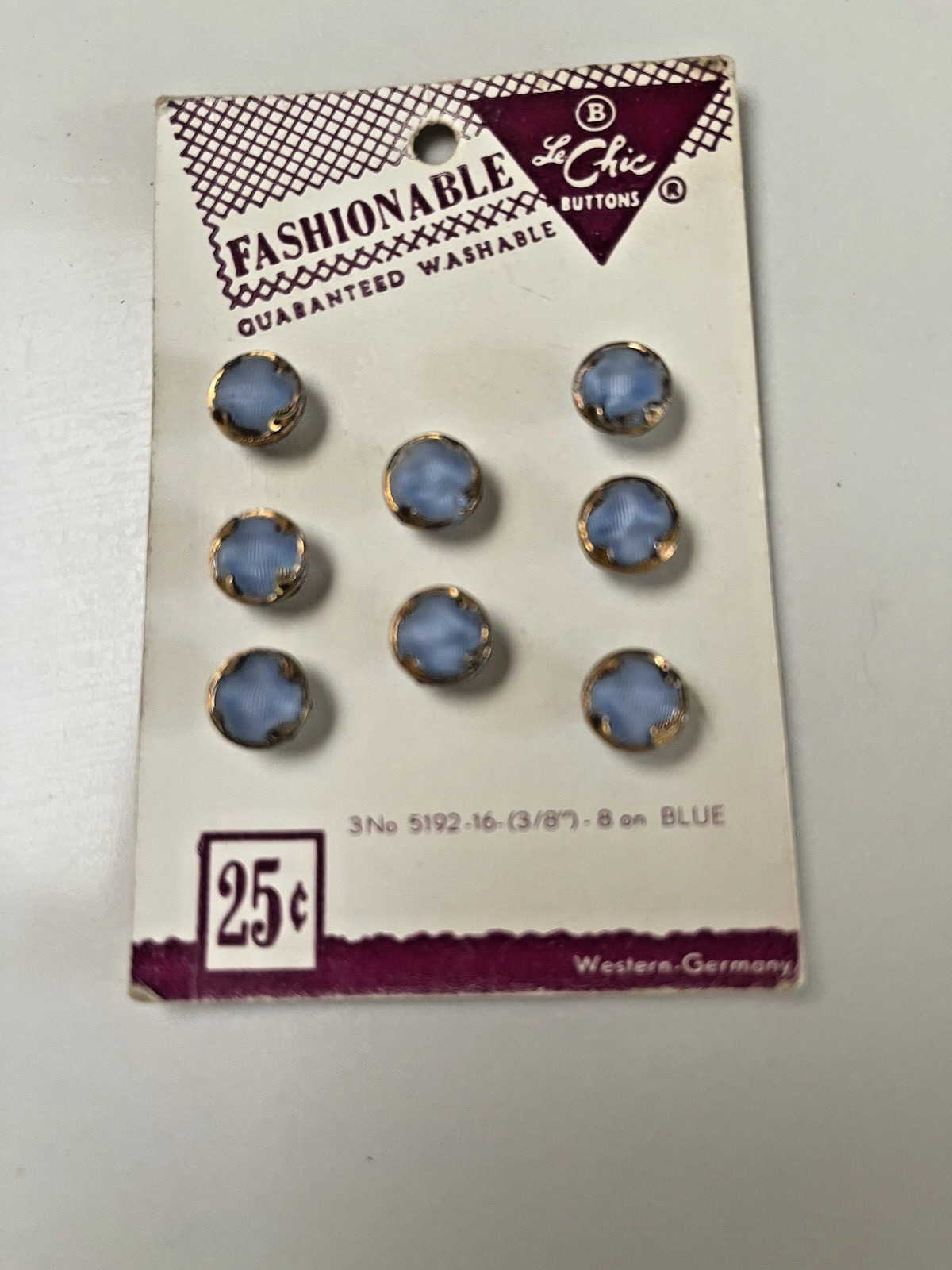 Le Chic Set of 8 Vintage Buttons on Card Gold and Blue Size 3/8 Inches