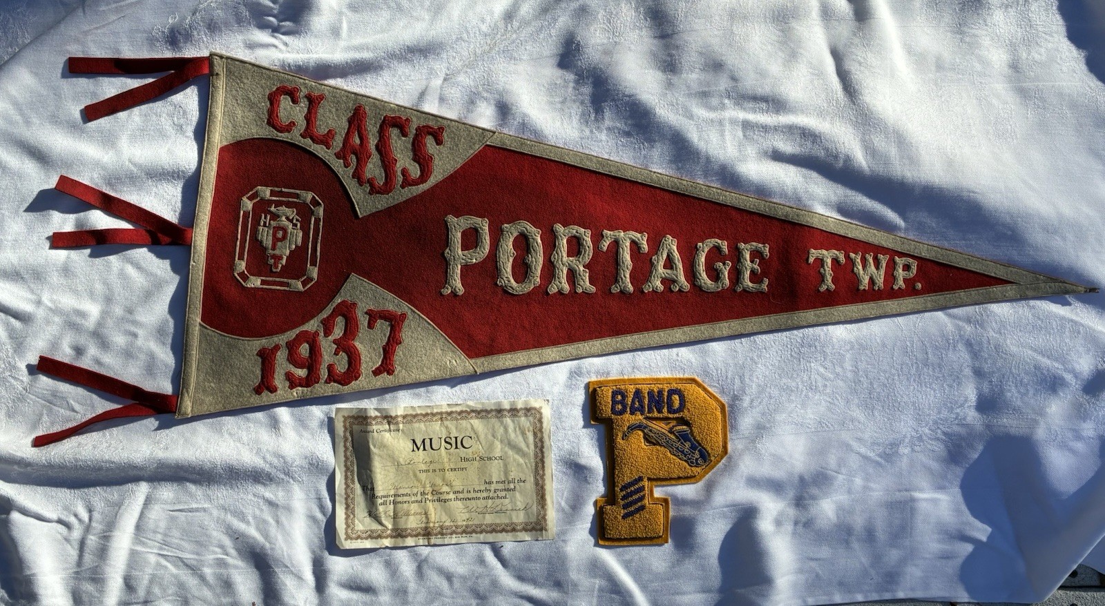 Vintage 1937 Portage Twp PA Felt Pennant 1942 High School Band Patch Certificate
