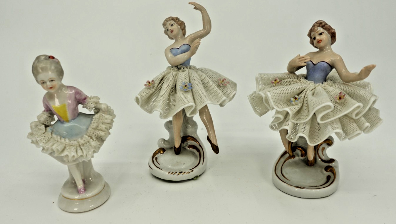 2 Sandizell Germany Dresden Lace Porcelain Dancers Plus 1