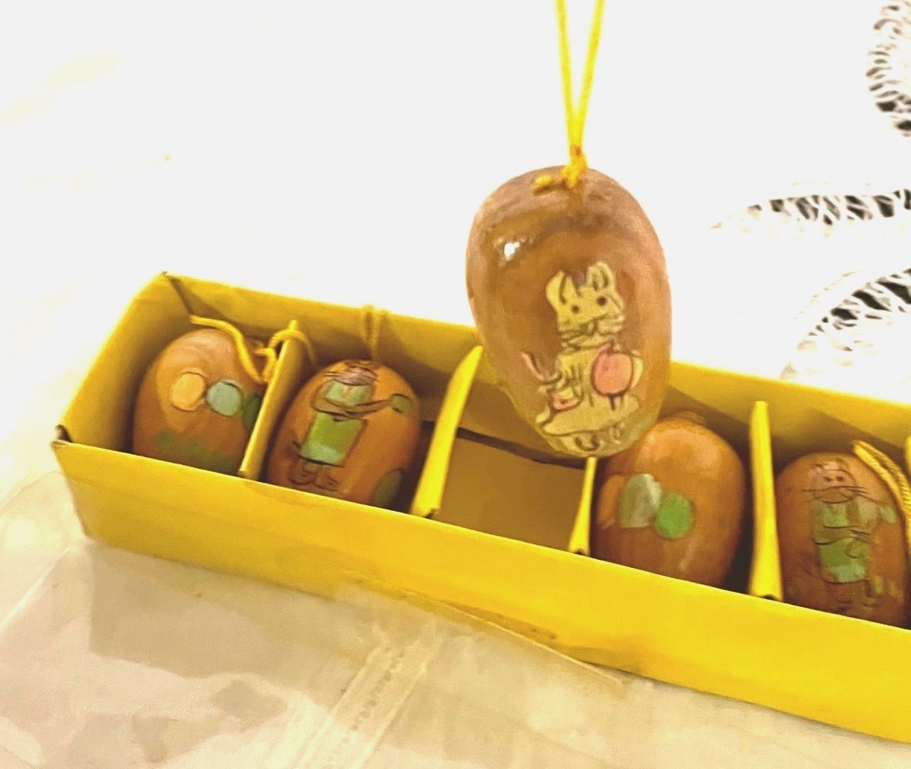 Vintage Hand-Painted Wooden Easter Eggs Set Of 6 With Spring Designs & Yellow Bo