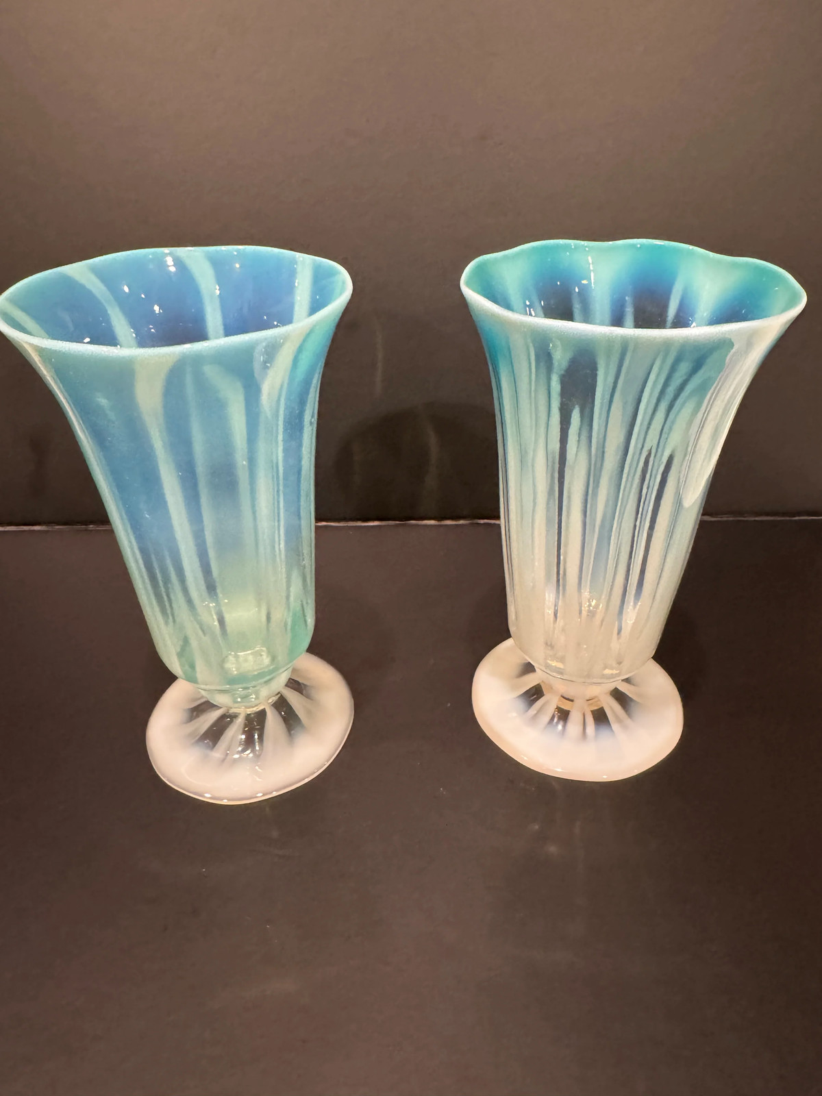 Pair of Tiffany Studios Pastel Opalescent Juice Glasses in Turquoise Blue,