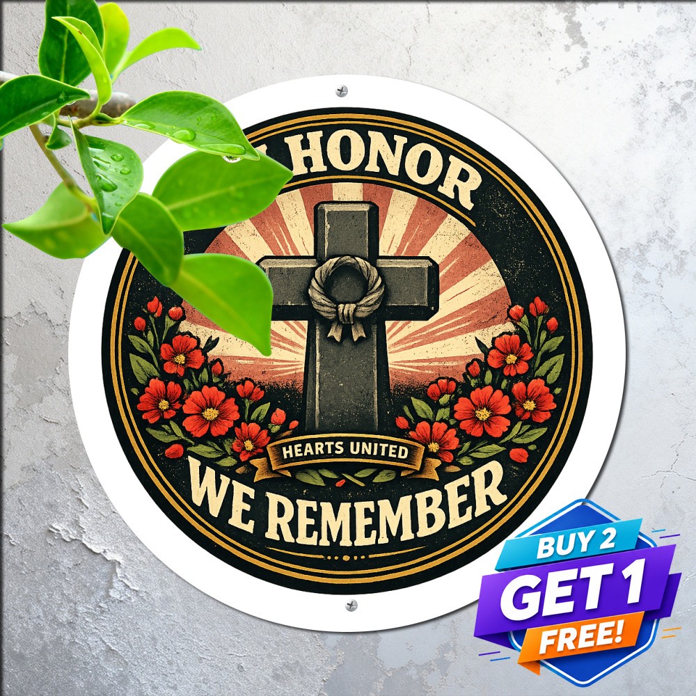 Poppy Cross War Memorial Round Aluminum Sign Veteran Tribute Remembrance Decor