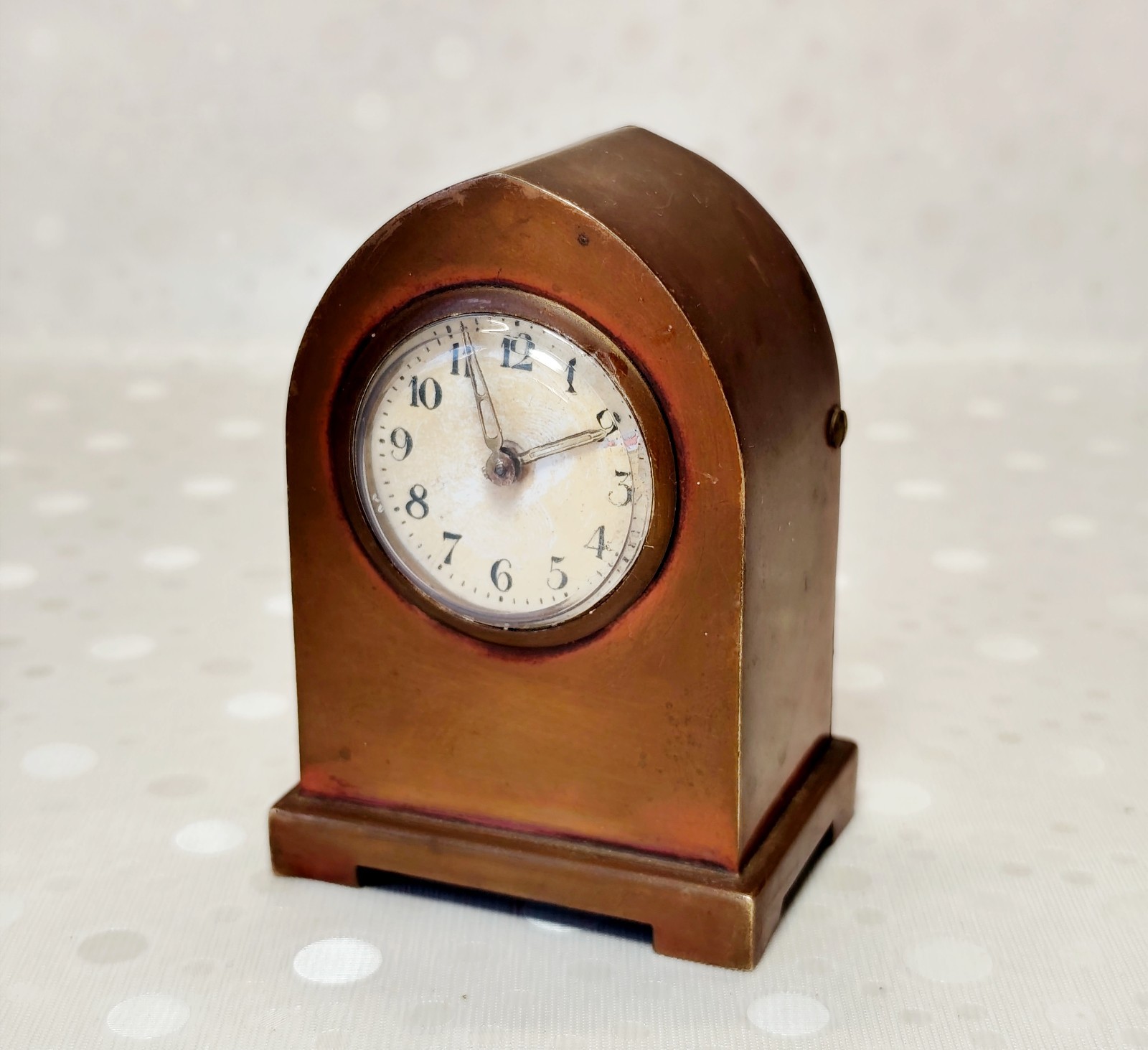 Antique German Brass Desk Clock Gothic Arch Mechanical Table Timepiece 1910s