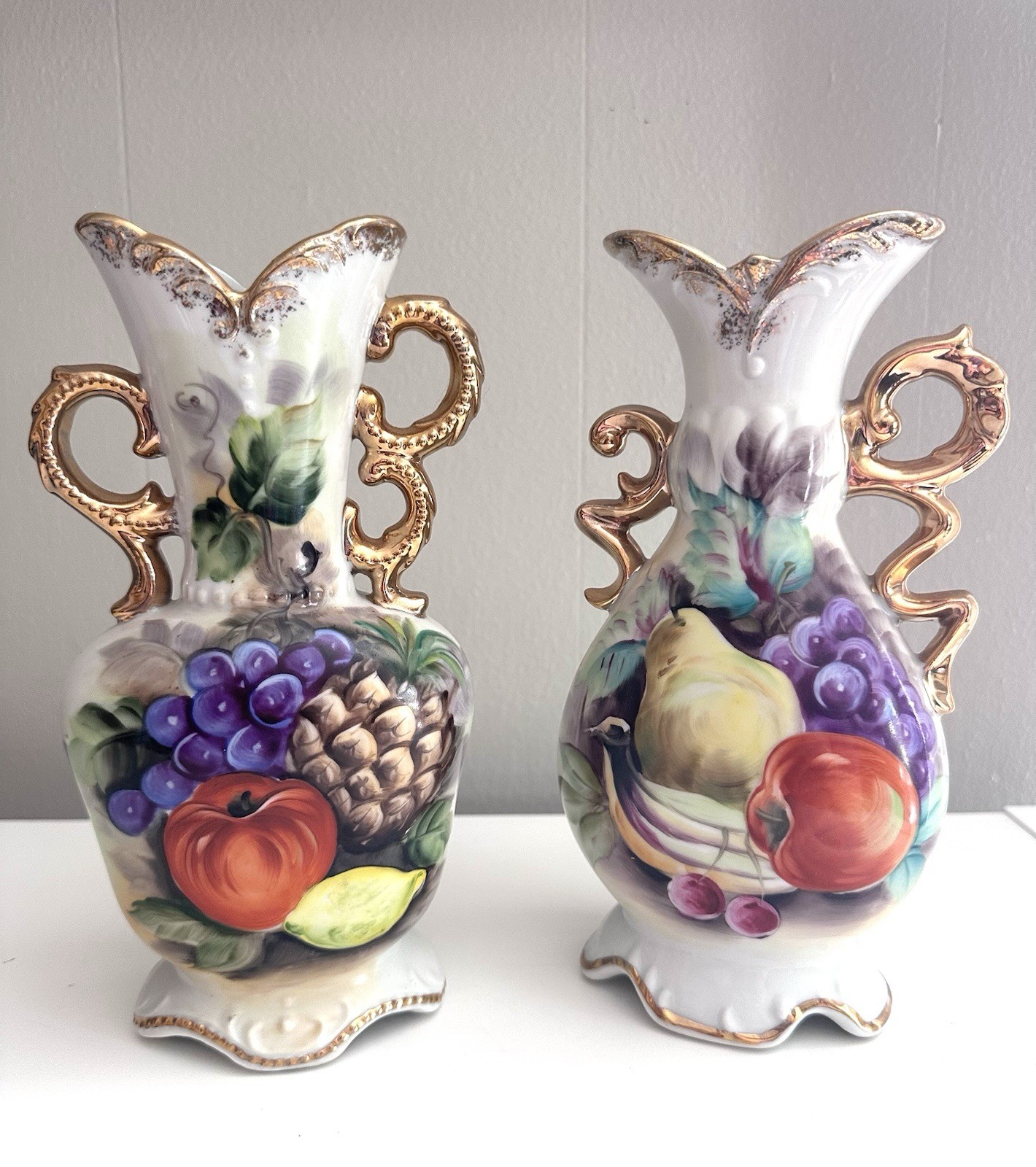 Vintage Hand-Painted Vases PAIR Fruit Motif With Gold Trimmed Handles