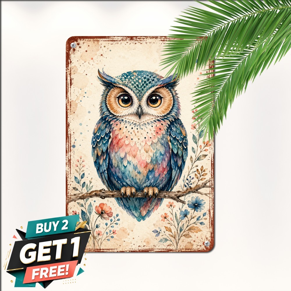 Vintage Big Eyed Owl Watercolor Sign Woodland Bird Wildlife Metal Plaque