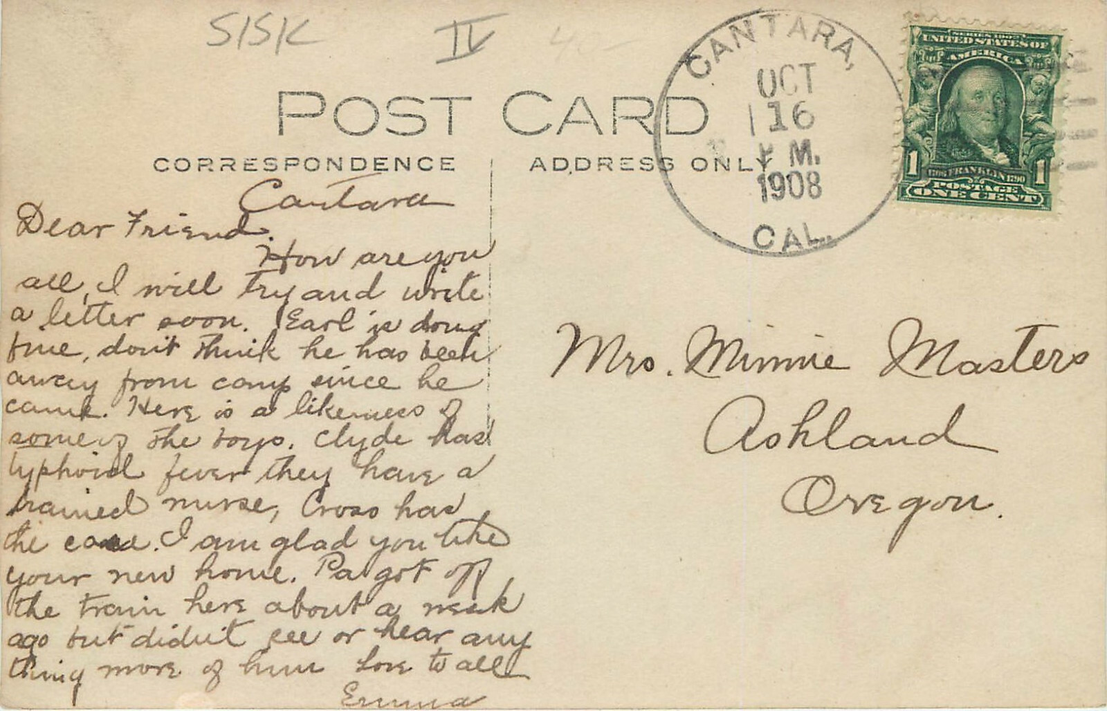 RPPC Postcard Cantara Ca Siskiyou County DPO IV Logging Camp Note of Typhoid