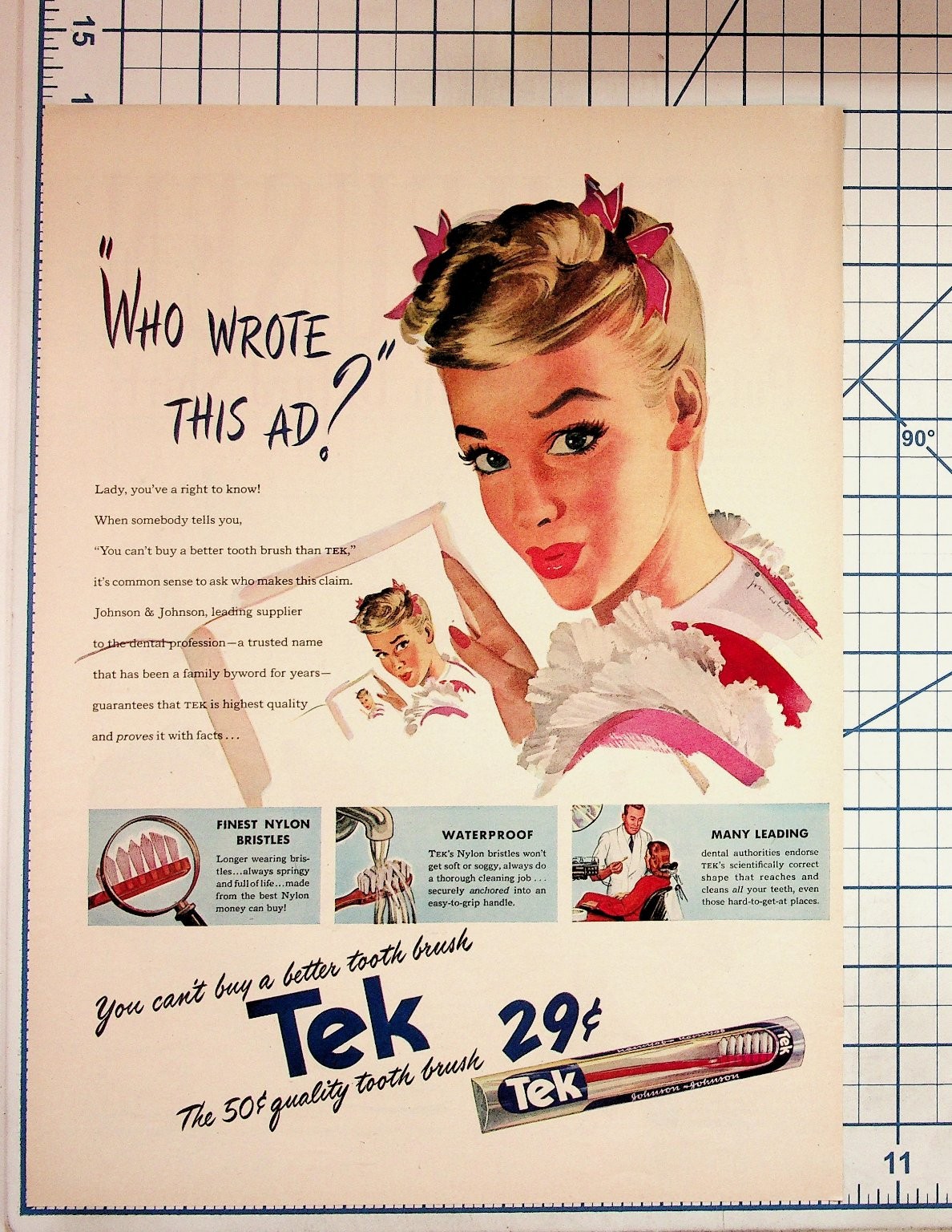 Vintage Tek Johnson & Johnson Toothbrush Ad 1950s Dental Hygiene Ephemera