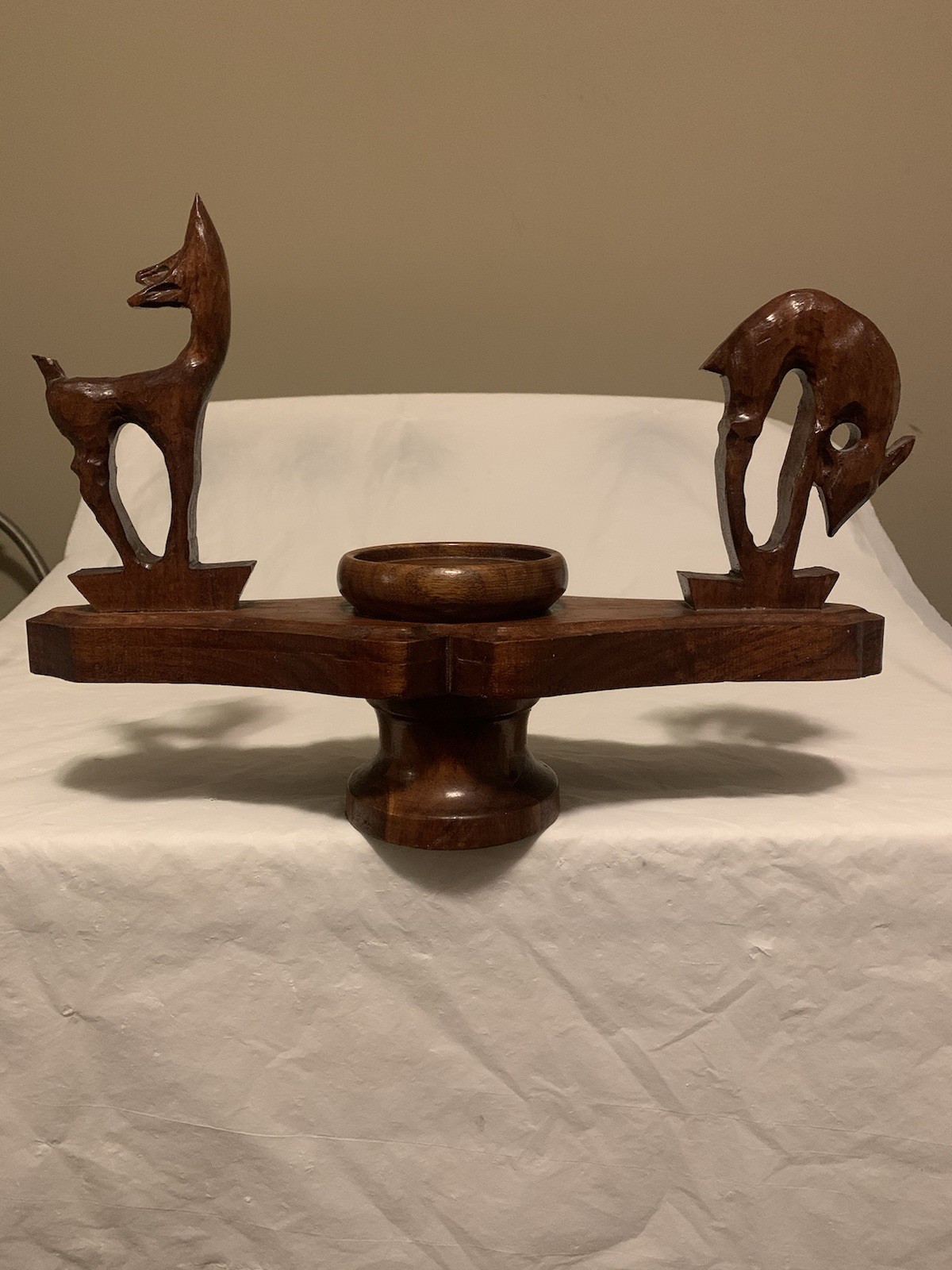 Vintage Mid Century Modern Wood Deer Candelabra Candle Holder Carved Stag MCM