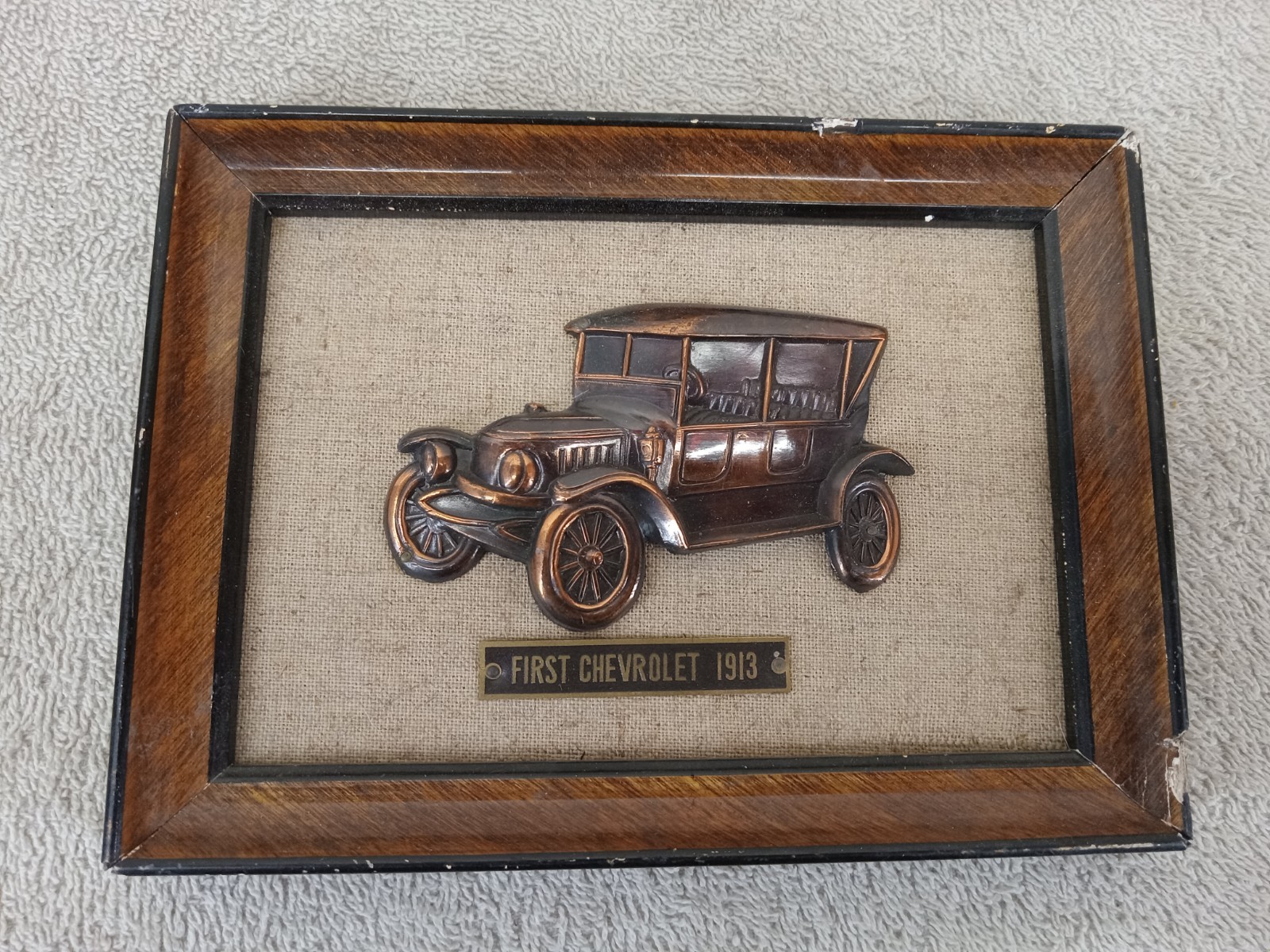 Vintage Enesco Wall Plaque Brass 1913 First Chevorlet Car