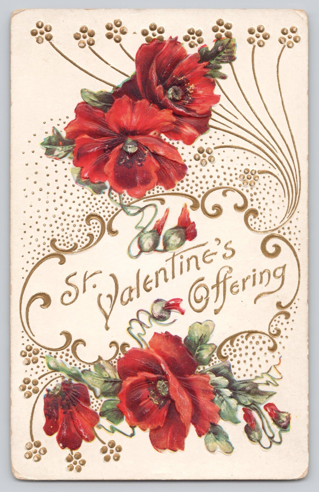 St. Valentine\'s Offering Embossed Poppies Postcard c1910