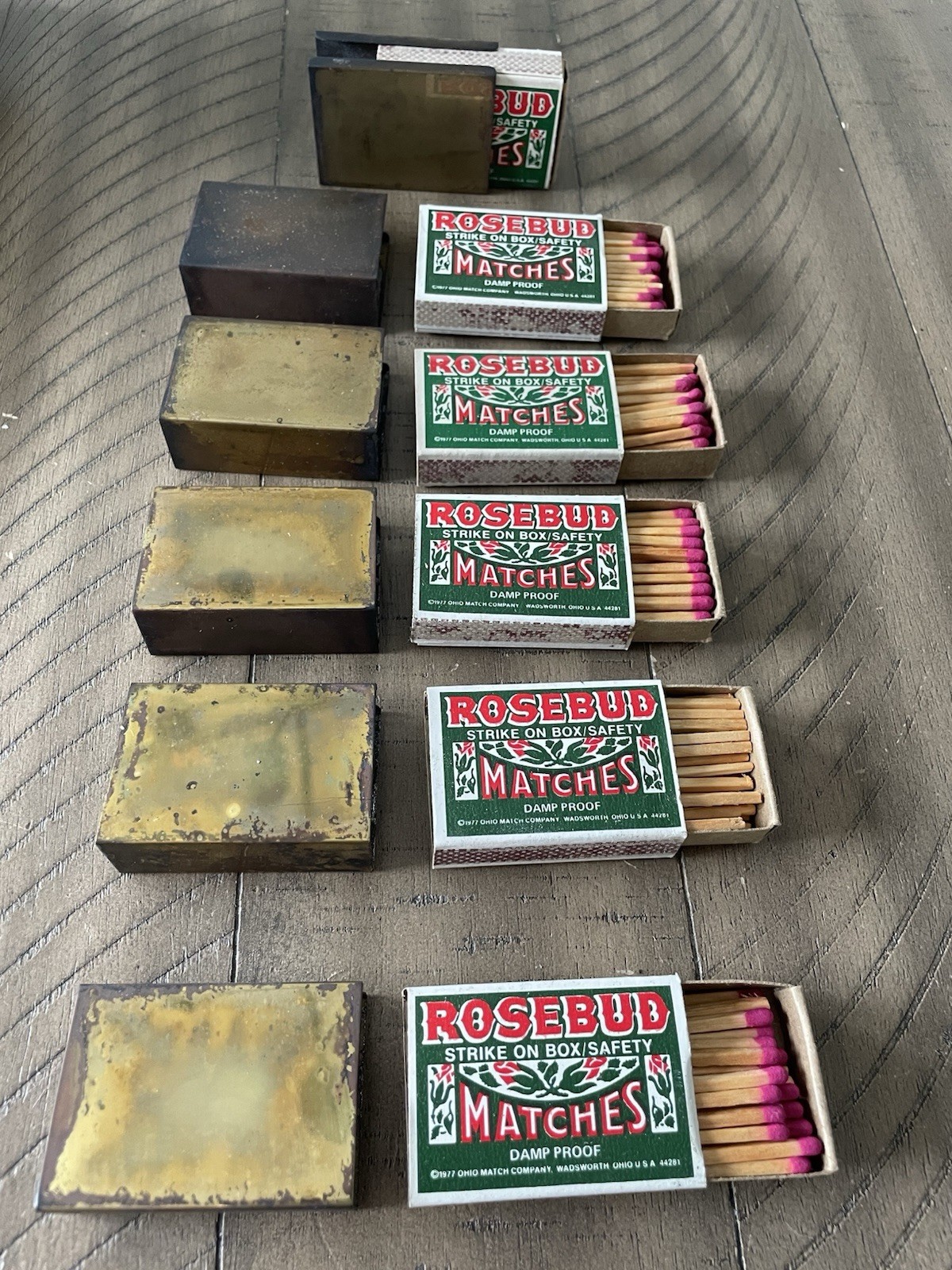 Vintage Rosebud Matches With Brass Matchbox Holders Made In Italy Lot Of 6